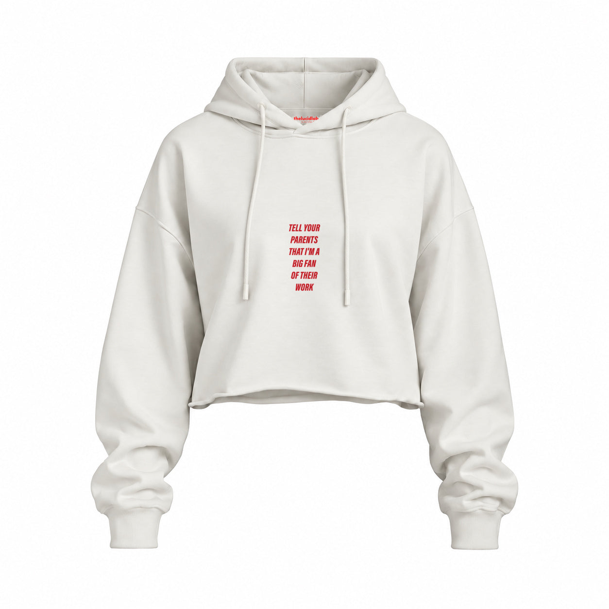 Tell Your Parents Oversize Crop Hoodie — Beyaz — Ön baskı