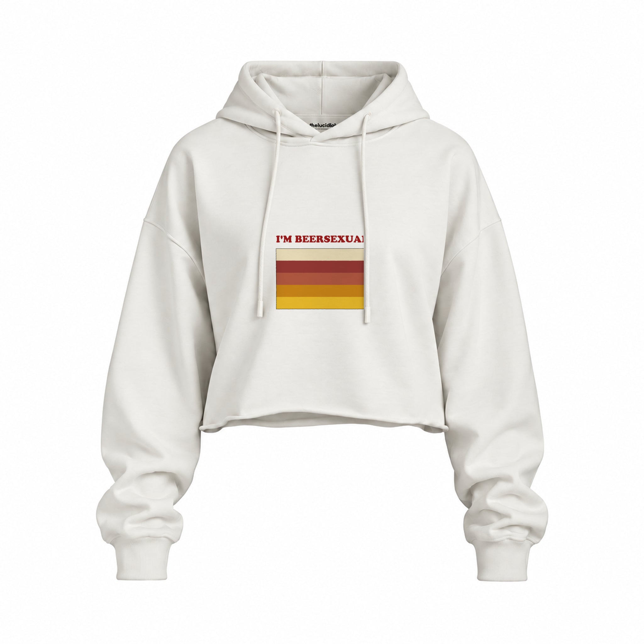 I'm Beersexual Oversize Crop Hoodie — Beyaz — Ön baskı