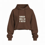 Turkish Girls Oversize Crop Hoodie — Kahverengi — Ön baskı