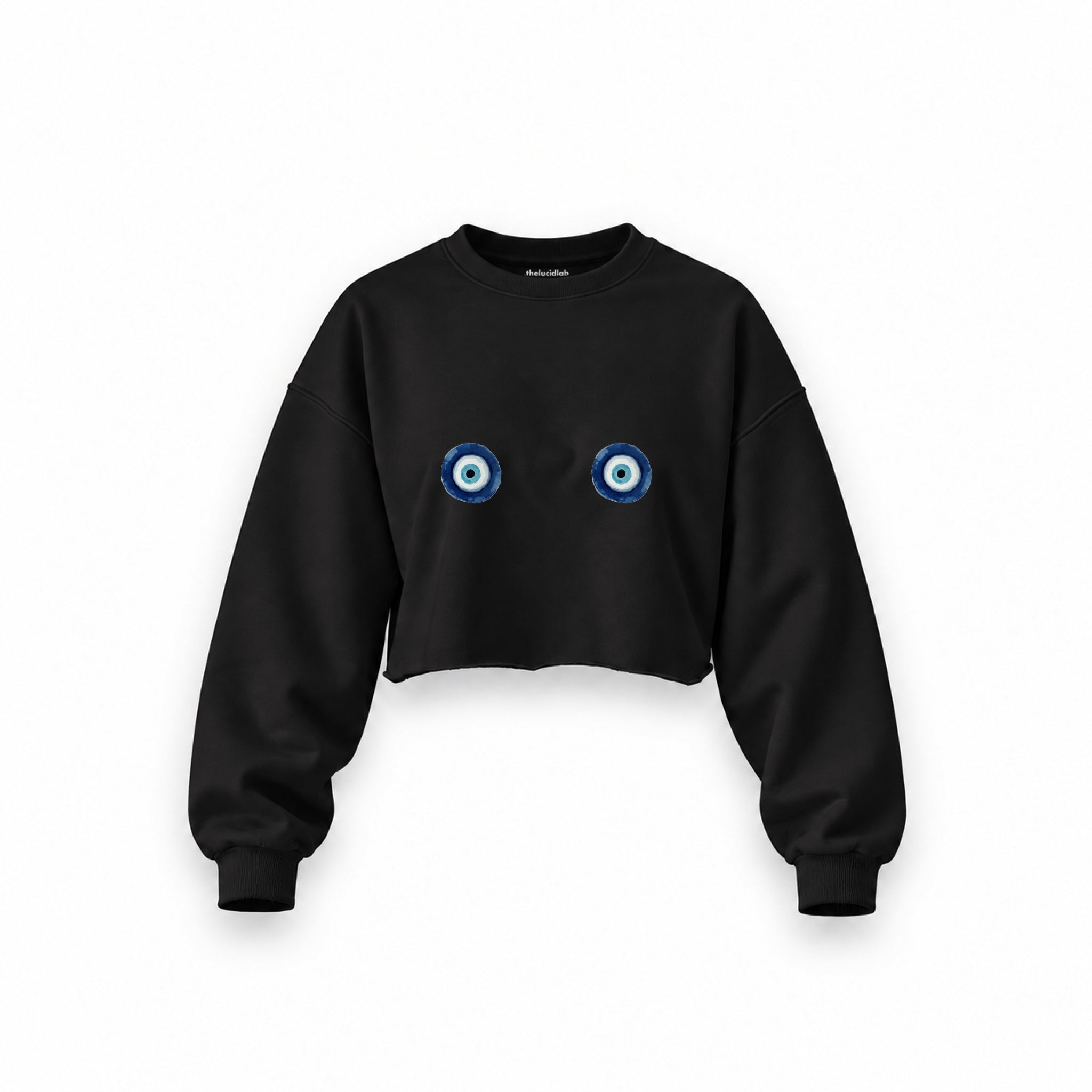 Nazar Oversize Crop Sweatshirt — Siyah — Ön baskı