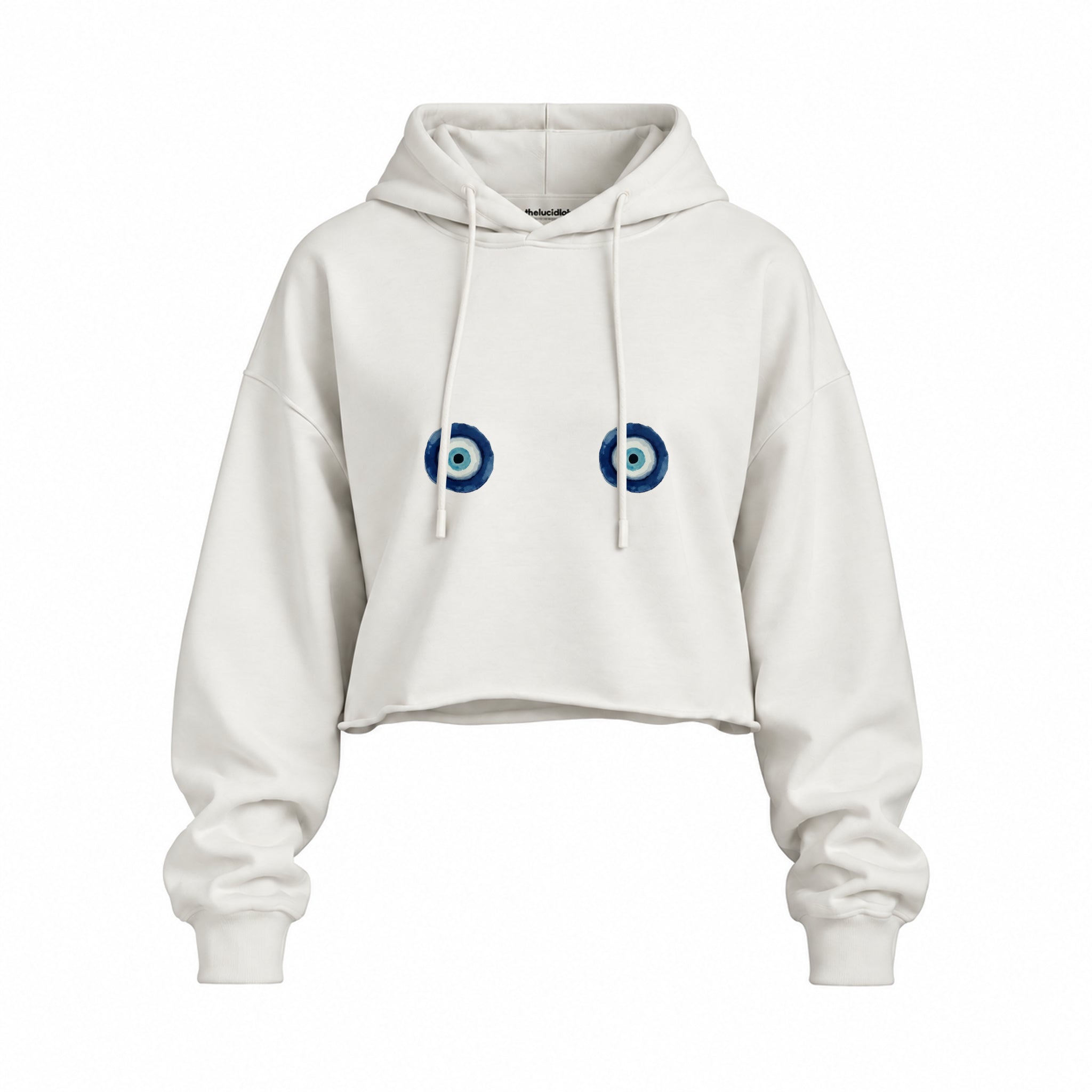 Nazar Oversize Crop Hoodie — Beyaz — Ön baskı