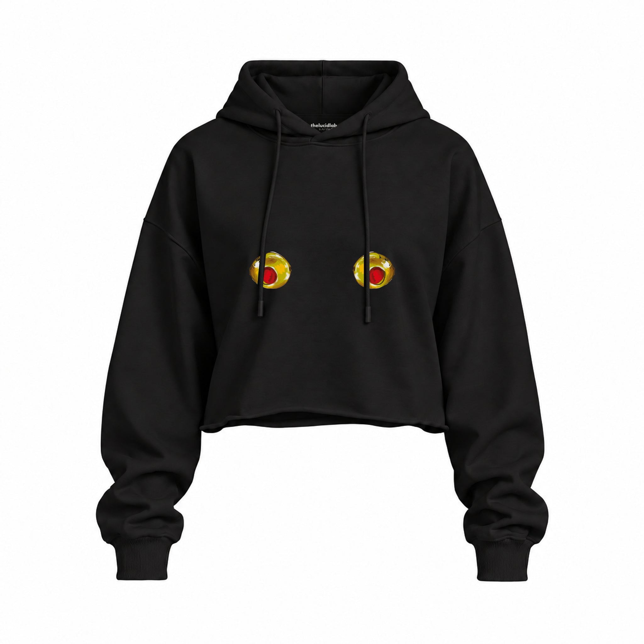 Nipples Oversize Crop Hoodie — Siyah — Ön baskı