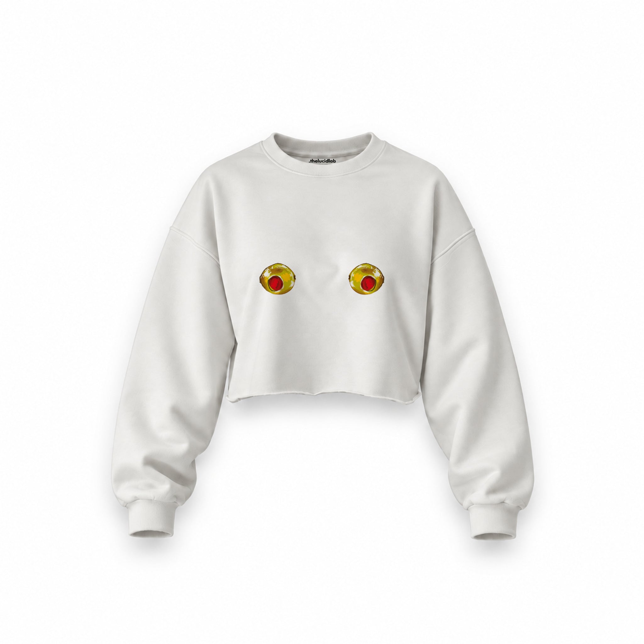 Nipples Oversize Crop Sweatshirt — Beyaz — Ön baskı
