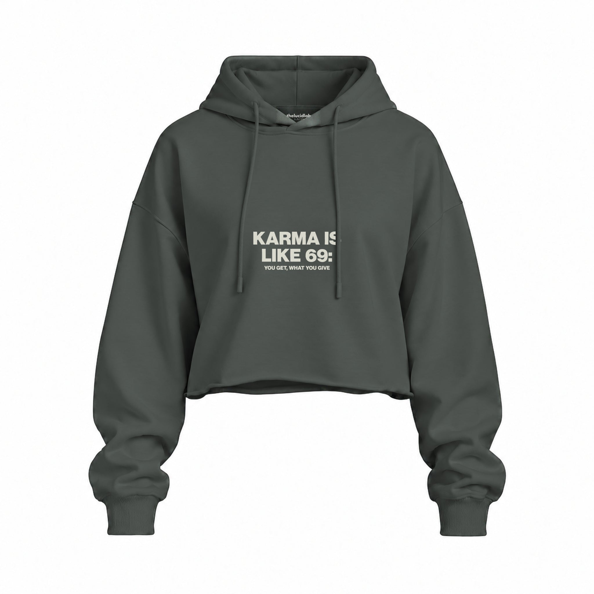 Karma Is Like 69 Oversize Crop Hoodie — Antrasit — Ön baskı
