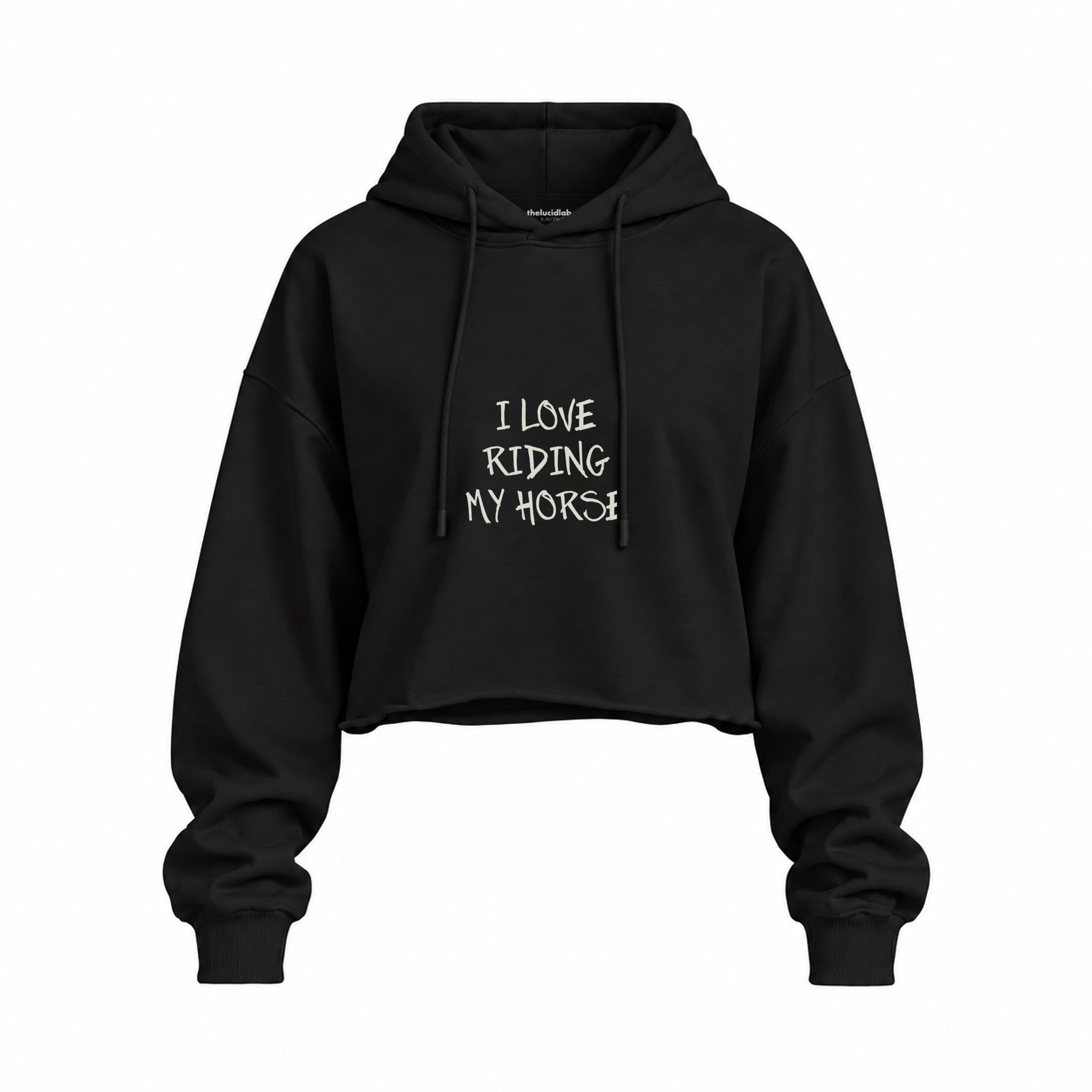 Riding My Horse Oversize Crop Hoodie — Siyah — Ön baskı