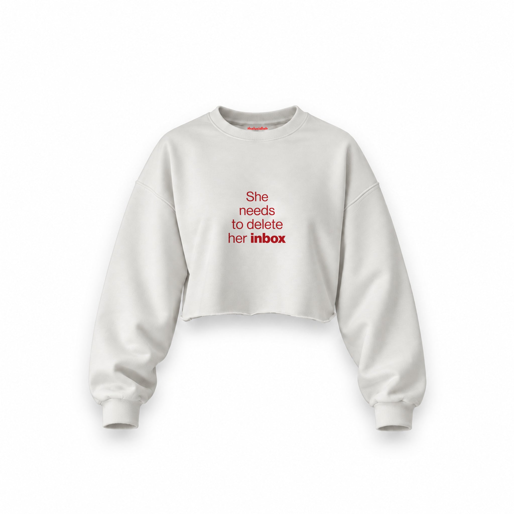 She Needs To Delete Her Inbox Oversize Crop Sweatshirt — Beyaz — Ön baskı
