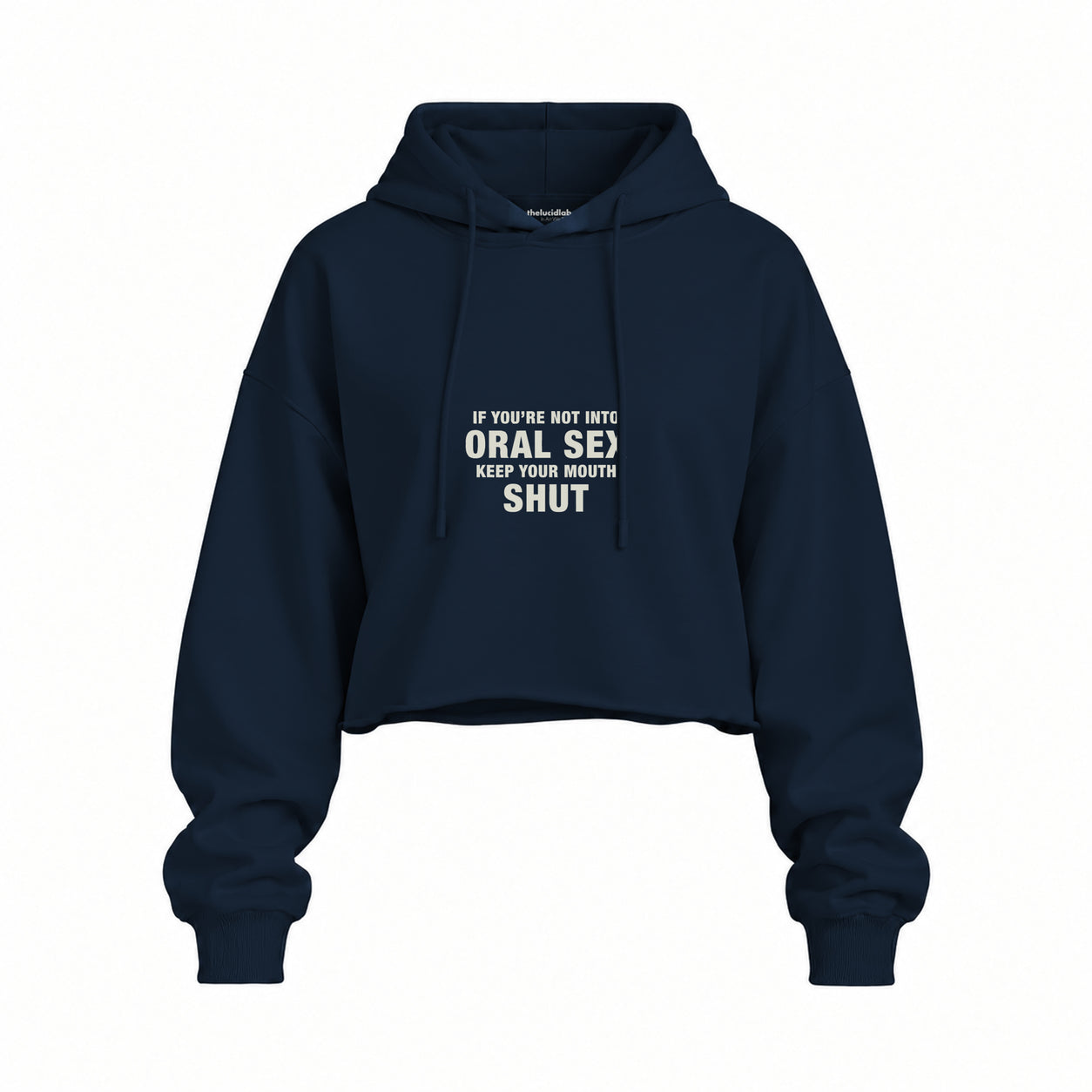 Keep Your Mouth Shut Oversize Crop Hoodie — Lacivert — Ön baskı