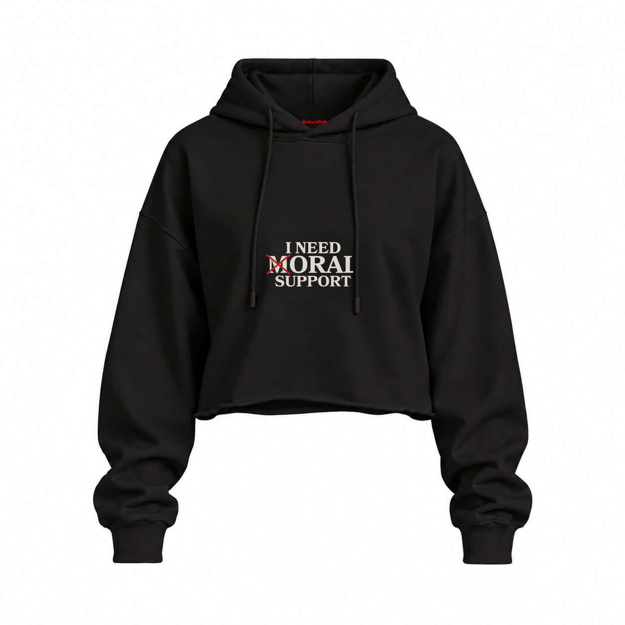 Moral Support Oversize Crop Hoodie — Siyah — Ön baskı
