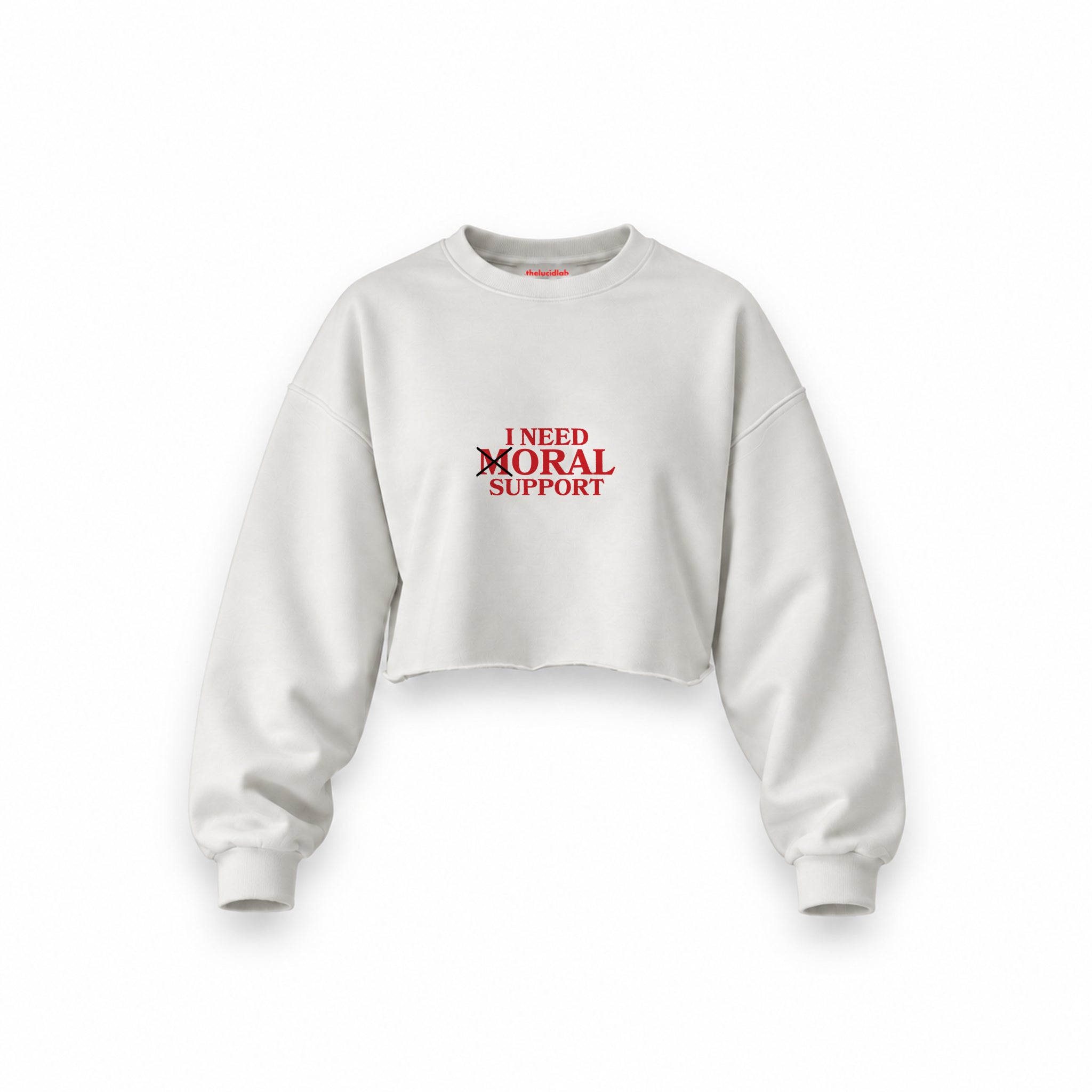 Moral Support Oversize Crop Sweatshirt — Beyaz — Ön baskı