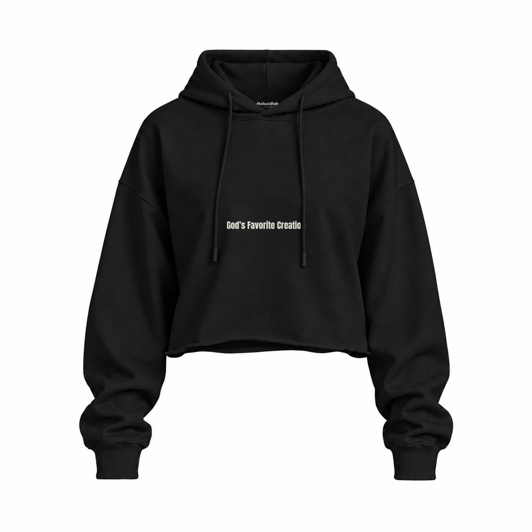 God's Favorite Creation Oversize Crop Hoodie — Siyah — Ön baskı