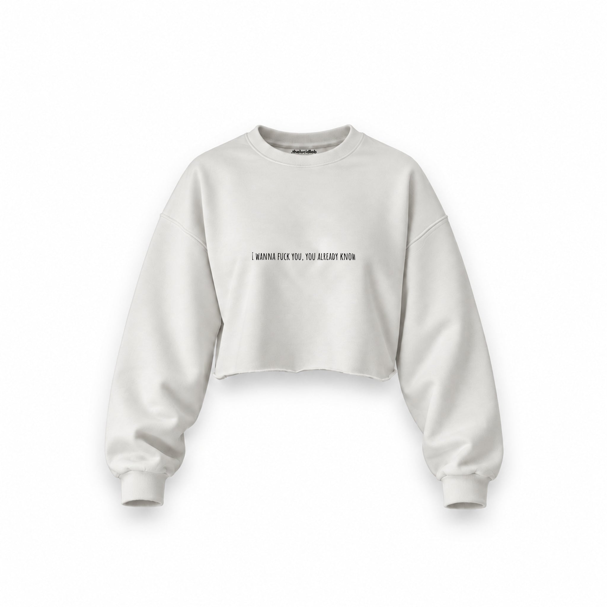I Wanna Fuck You, You Already Know Oversize Crop Sweatshirt — Beyaz — Ön baskı