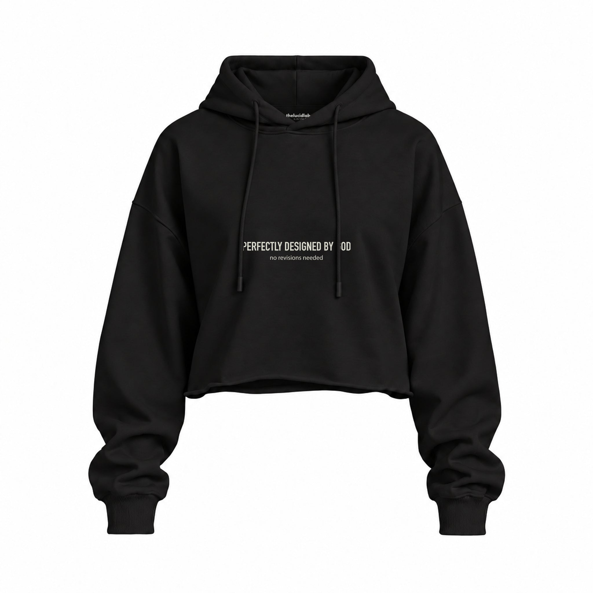 Perfectly Design By God Oversize Crop Hoodie — Siyah — Ön baskı