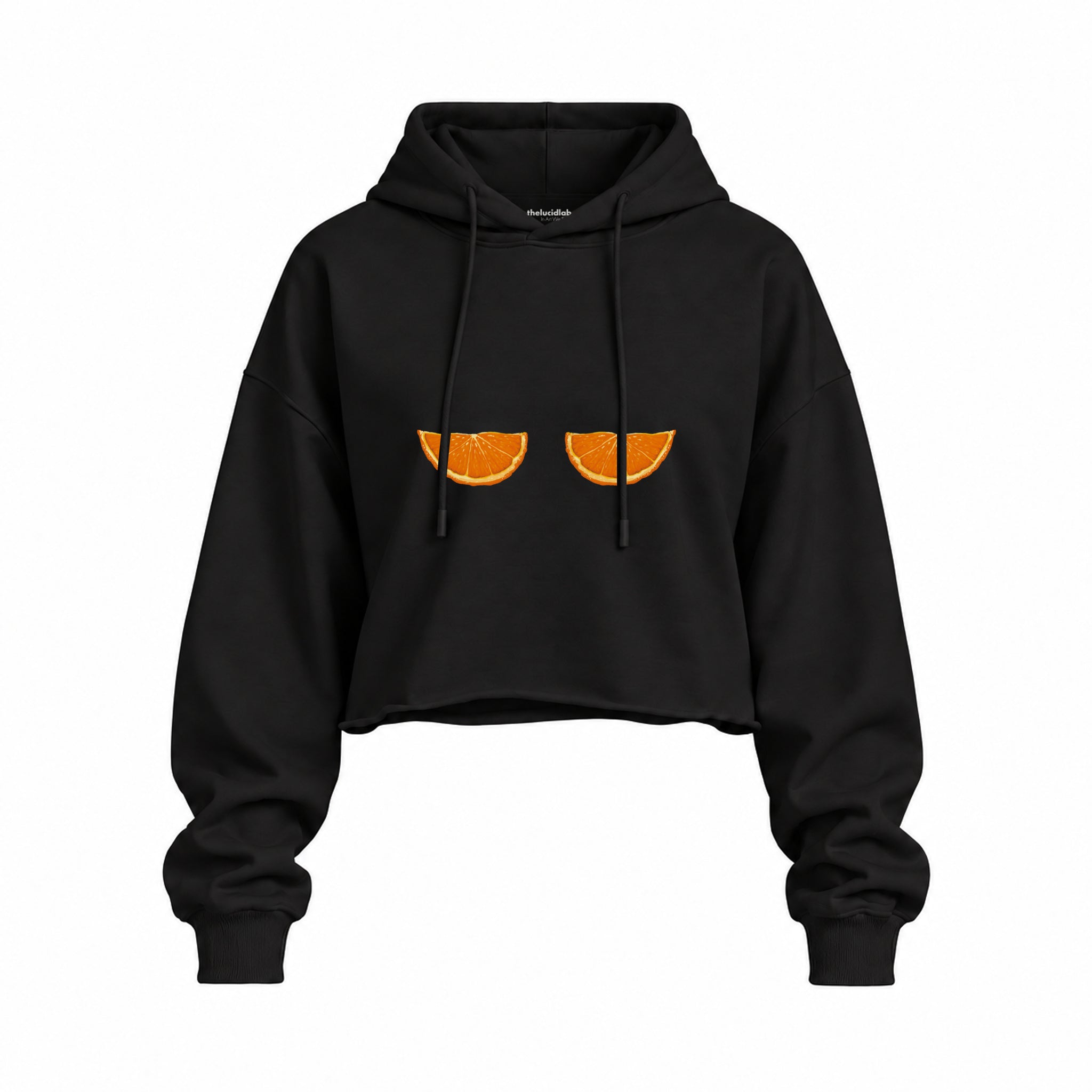 Juicy Bits Oversize Crop Hoodie — Siyah — Ön baskı