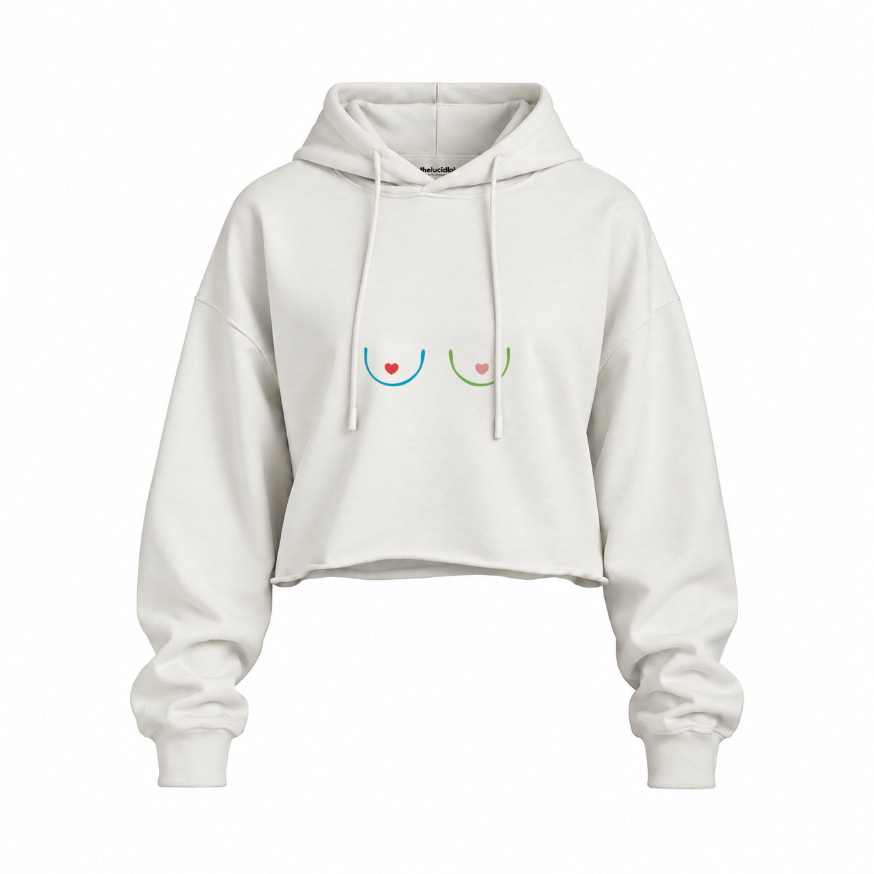 Boobs & Hearts Oversize Crop Hoodie — Beyaz — Ön baskı