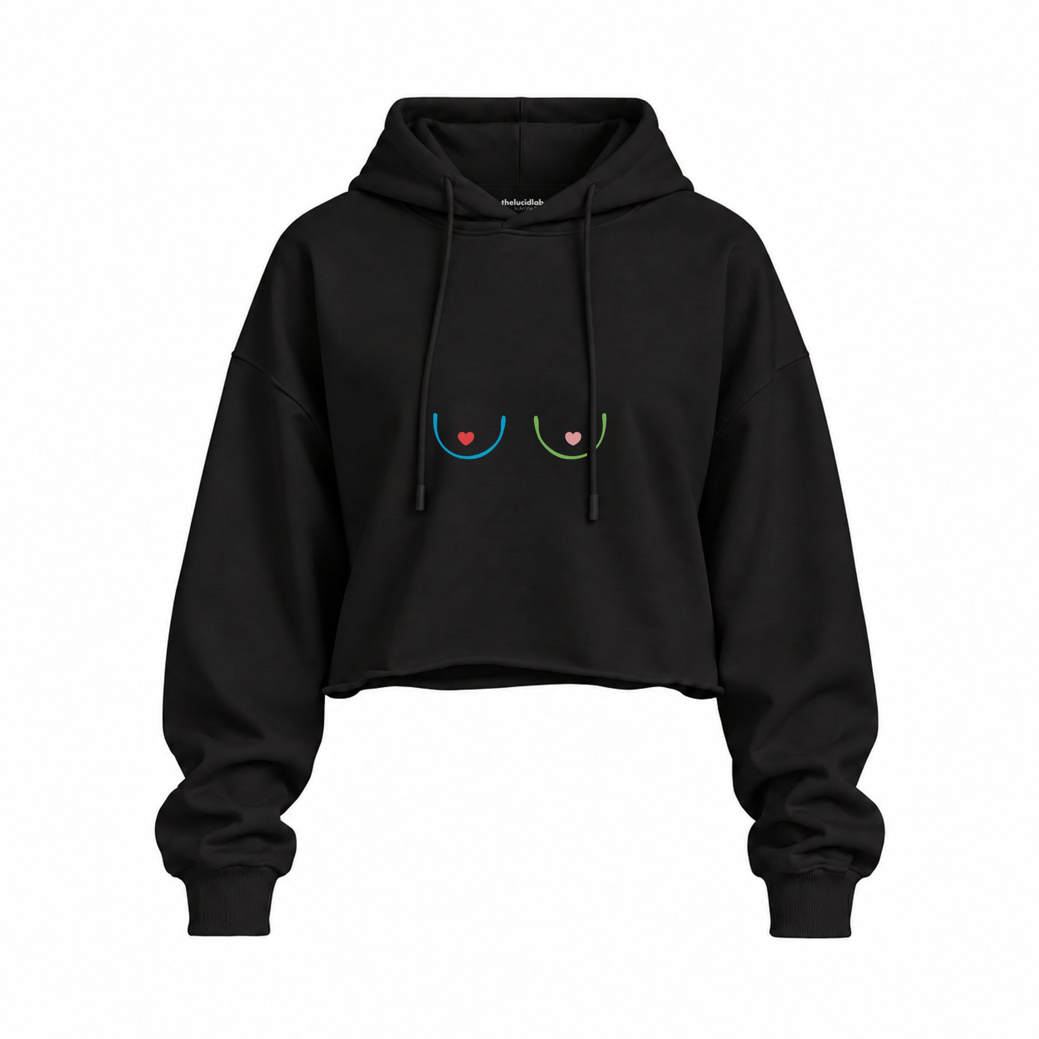 Boobs & Hearts Oversize Crop Hoodie — Siyah — Ön baskı