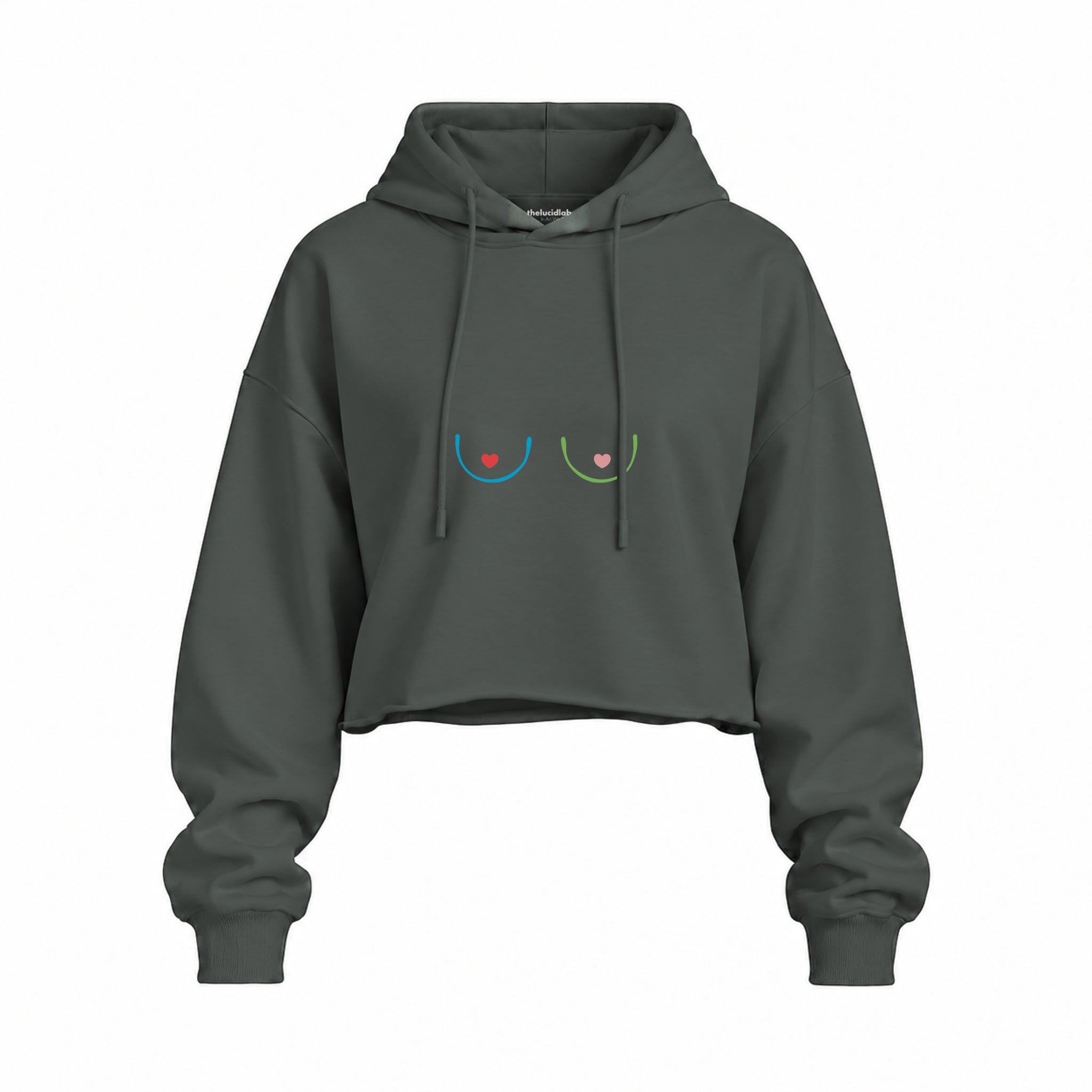 Boobs & Hearts Oversize Crop Hoodie — Antrasit — Ön baskı