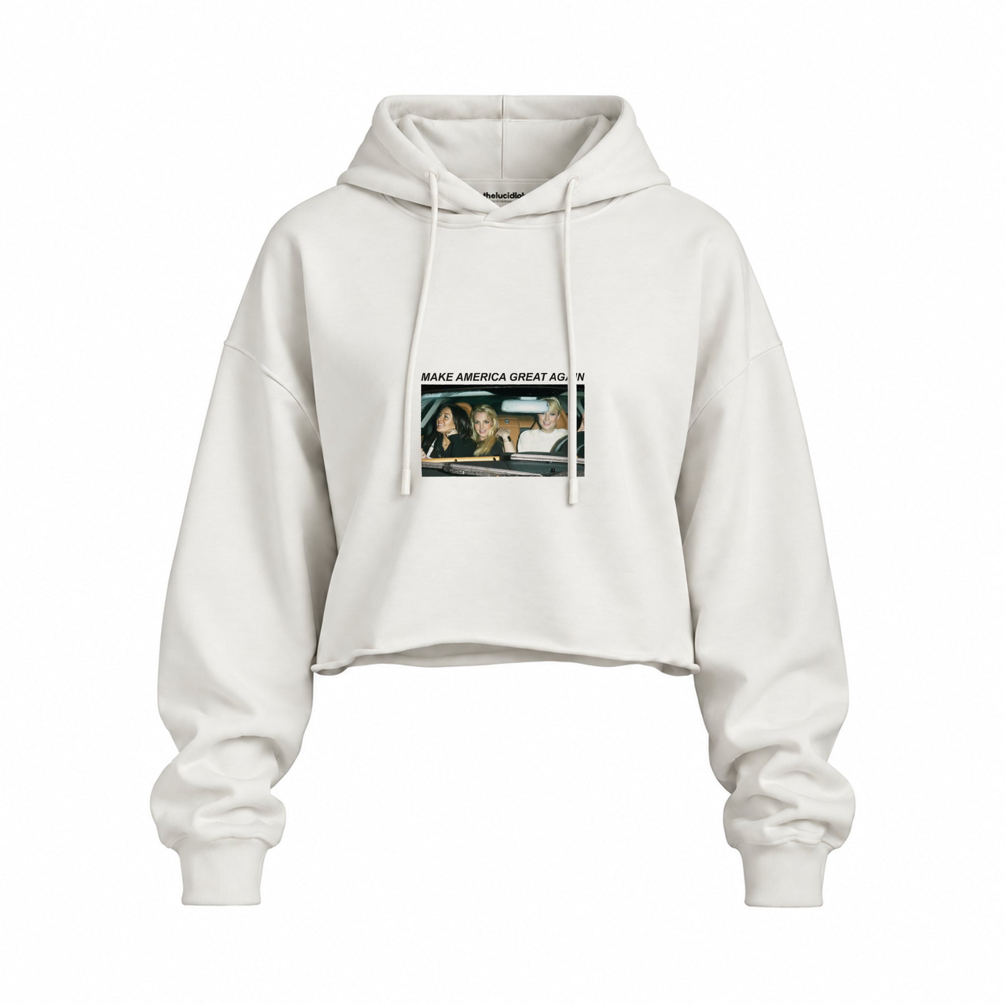 Make America Great Again Oversize Crop Hoodie — Beyaz — Ön baskı