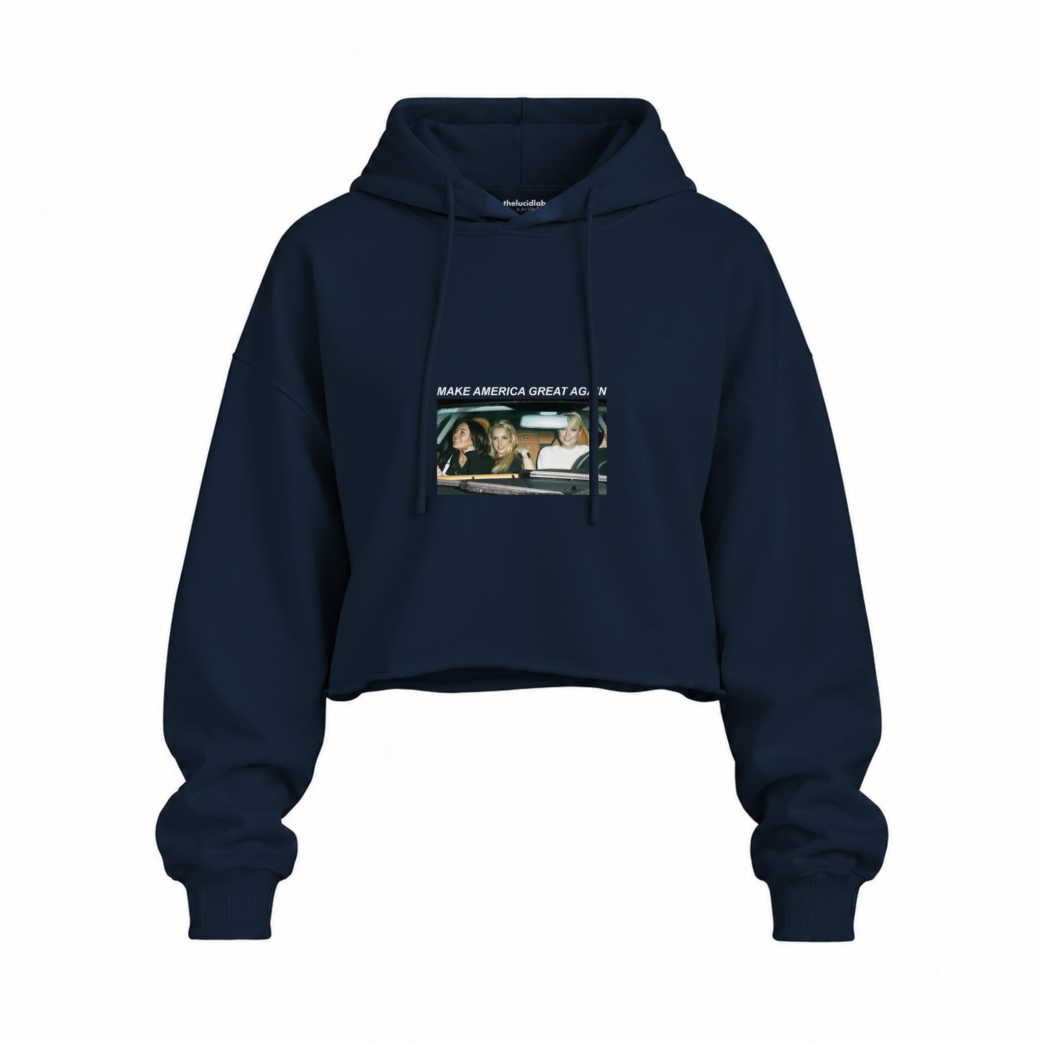 Make America Great Again Oversize Crop Hoodie — Lacivert — Ön baskı