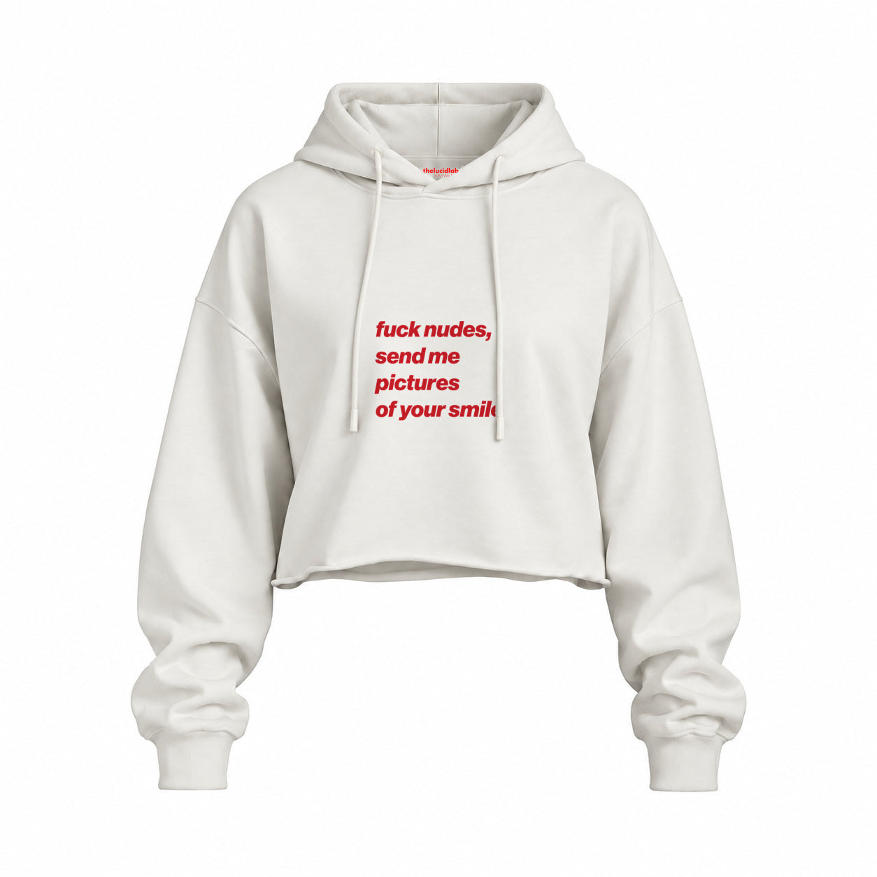 Fuck Nudes Oversize Crop Hoodie — Beyaz — Ön baskı