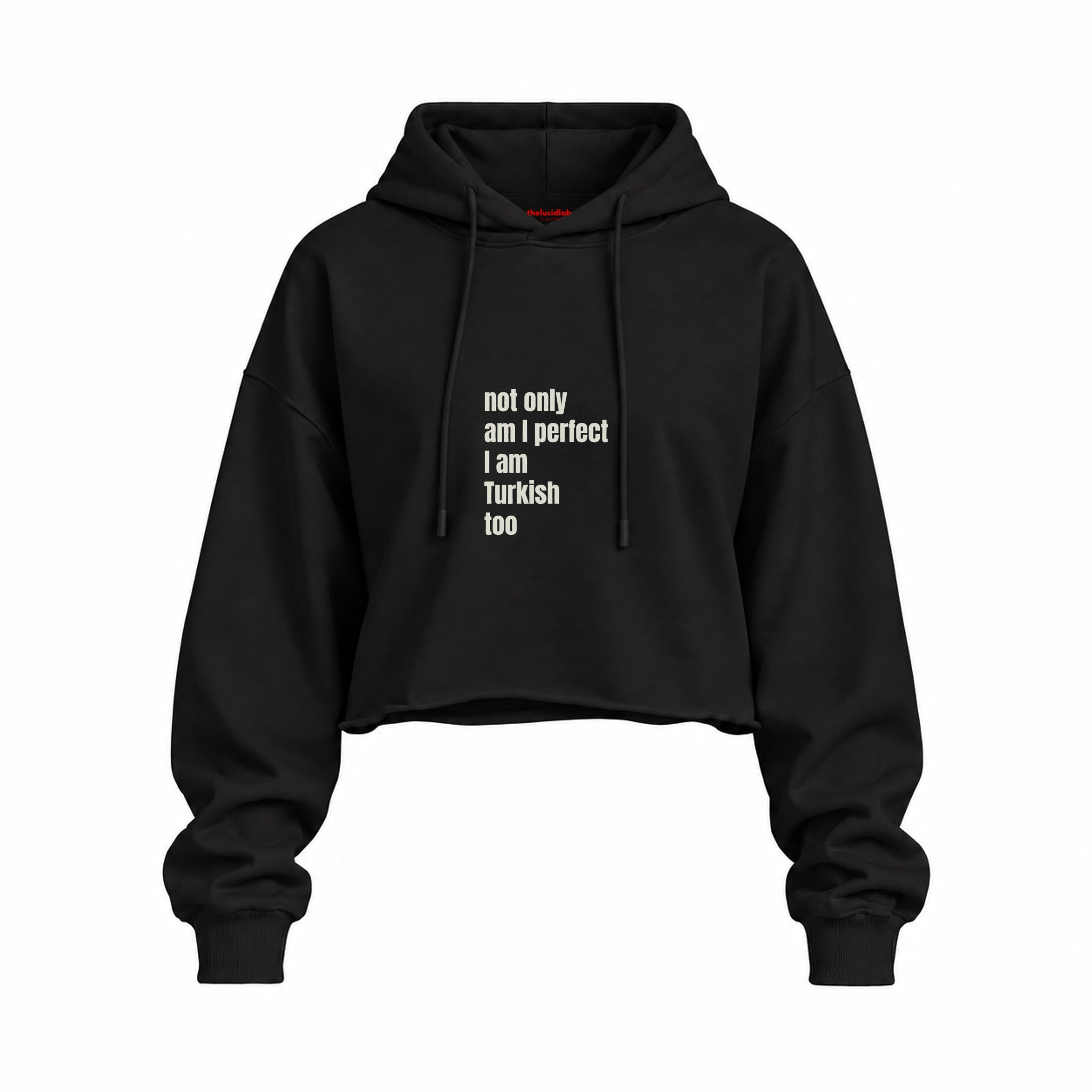 I Am Turkish Too Oversize Crop Hoodie — Siyah — Ön baskı