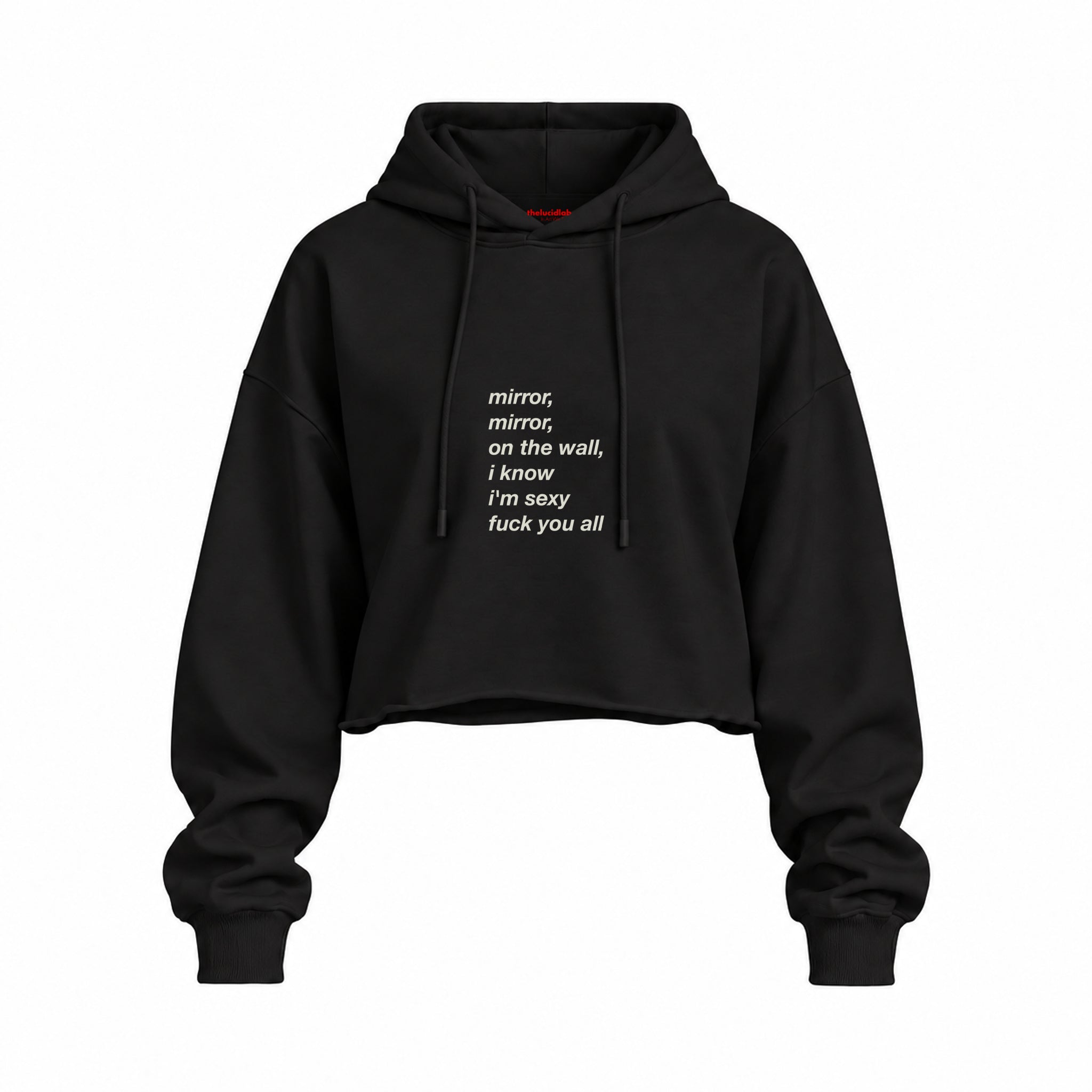 Mirror, Mirror Oversize Crop Hoodie — Siyah — Ön baskı
