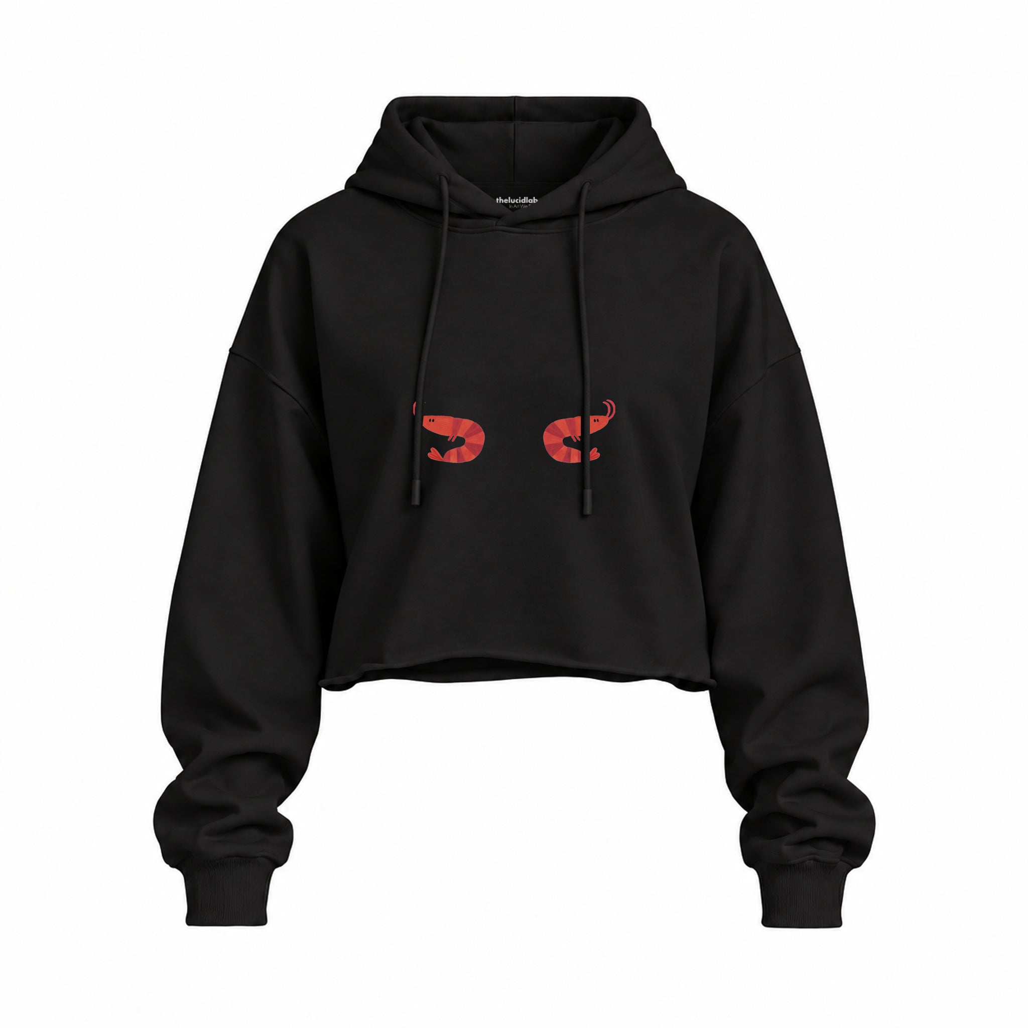 Nice Shrimps Oversize Crop Hoodie — Siyah — Ön baskı