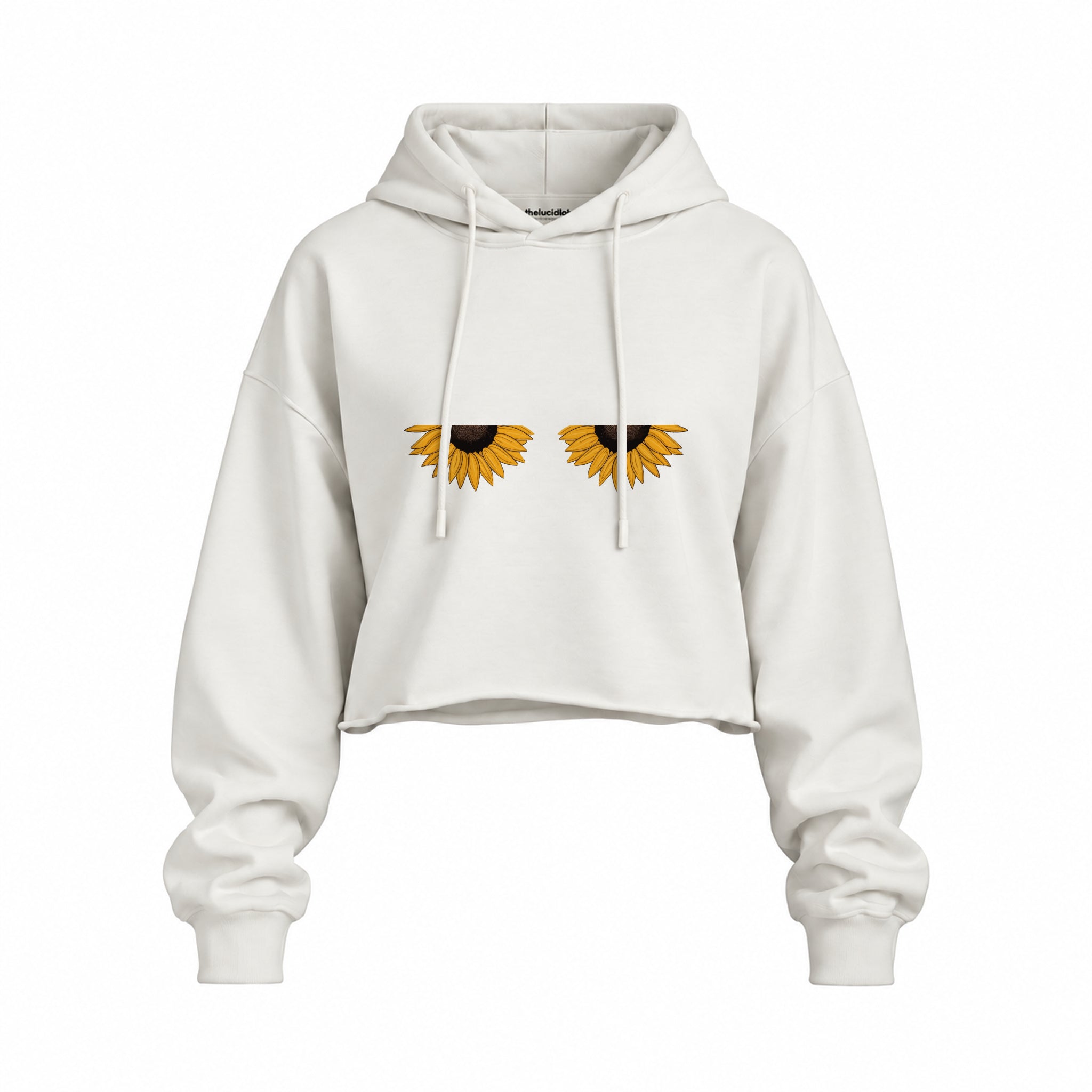 Sunny Side Up Oversize Crop Hoodie — Beyaz — Ön baskı