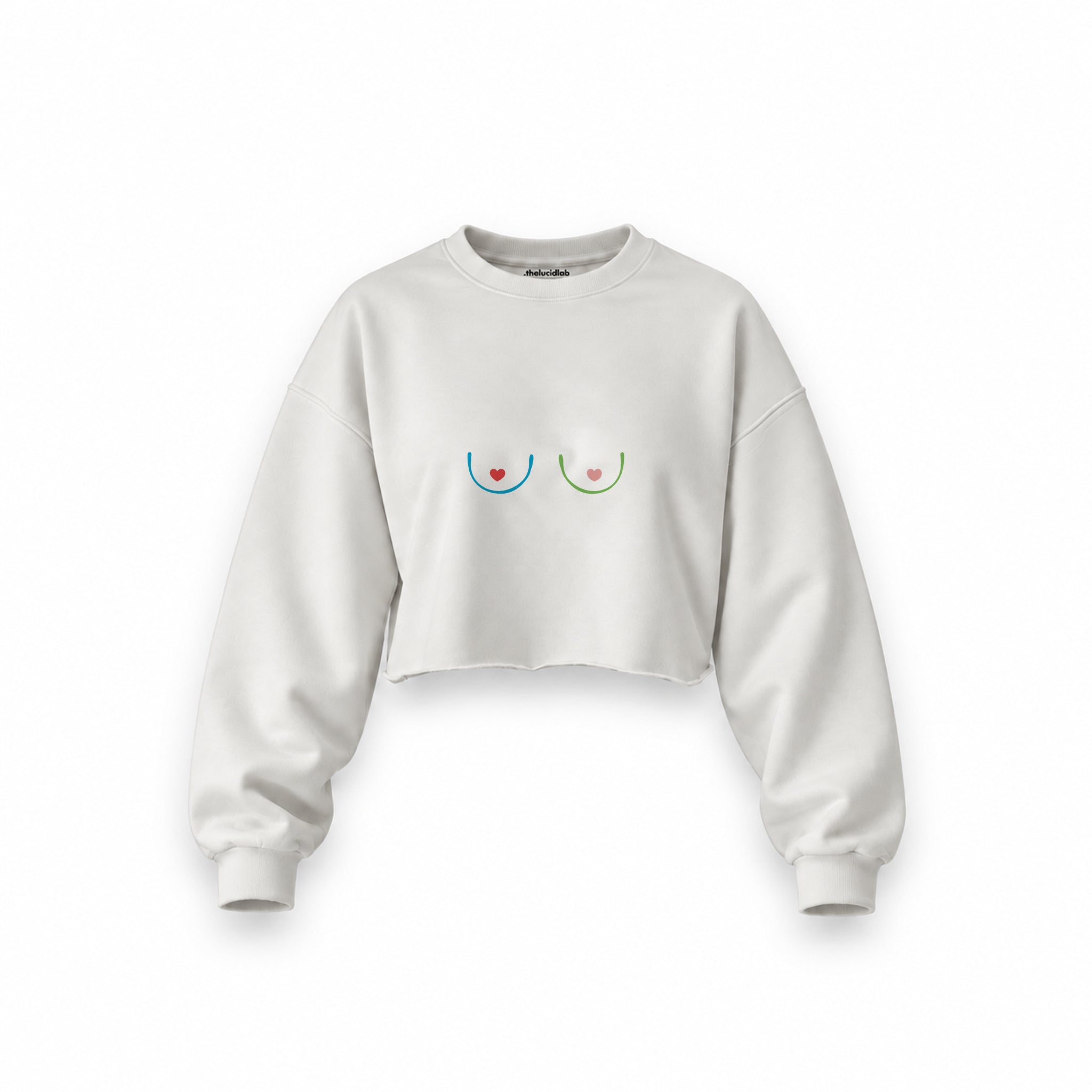 Boobs & Hearts Oversize Crop Sweatshirt — Beyaz — Ön baskı