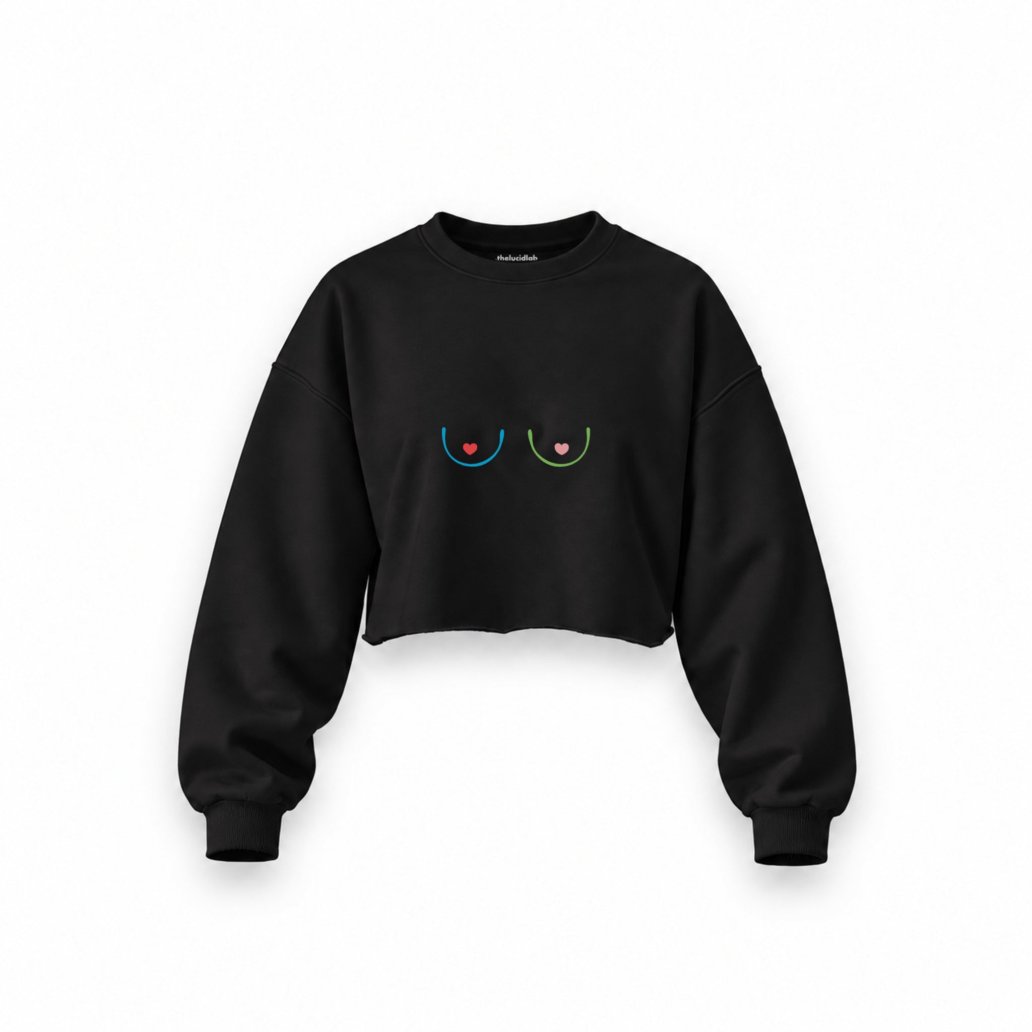 Boobs & Hearts Oversize Crop Sweatshirt — Siyah — Ön baskı