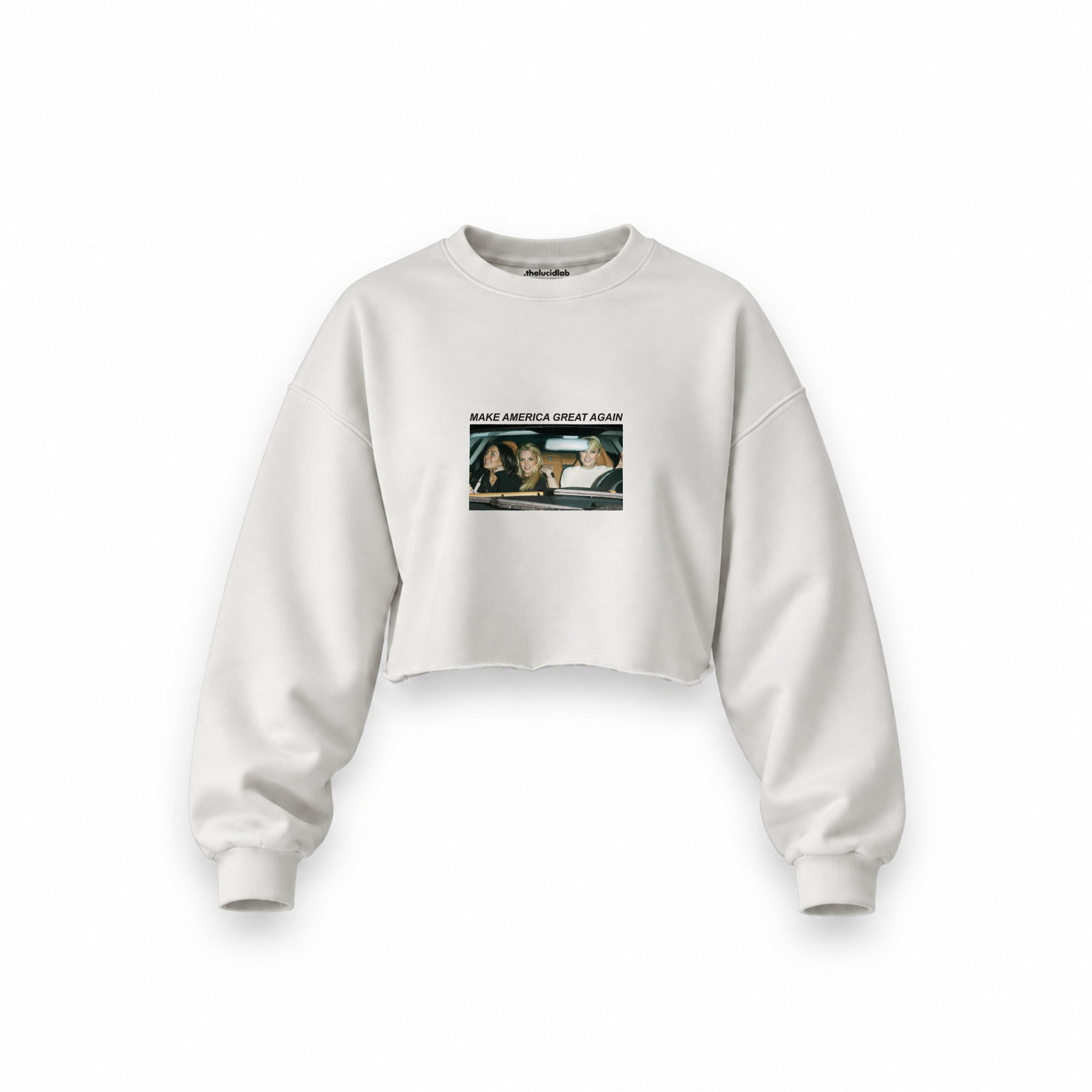 Make America Great Again Oversize Crop Sweatshirt — Beyaz — Ön baskı
