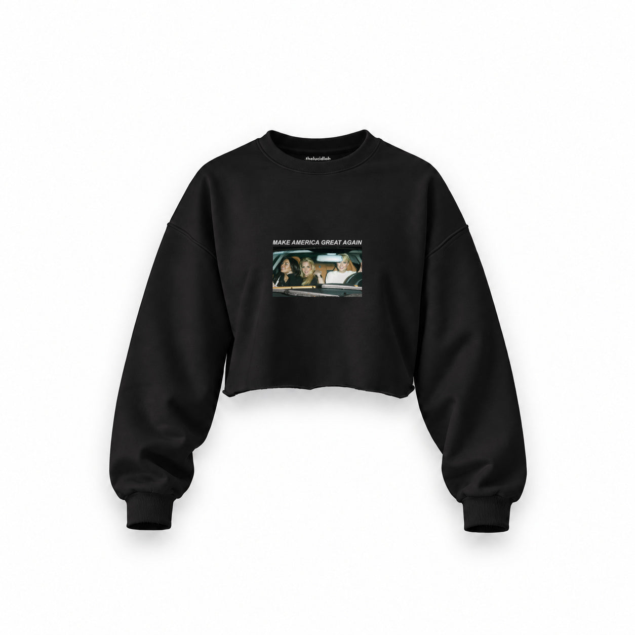 Make America Great Again Oversize Crop Sweatshirt — Siyah — Ön baskı