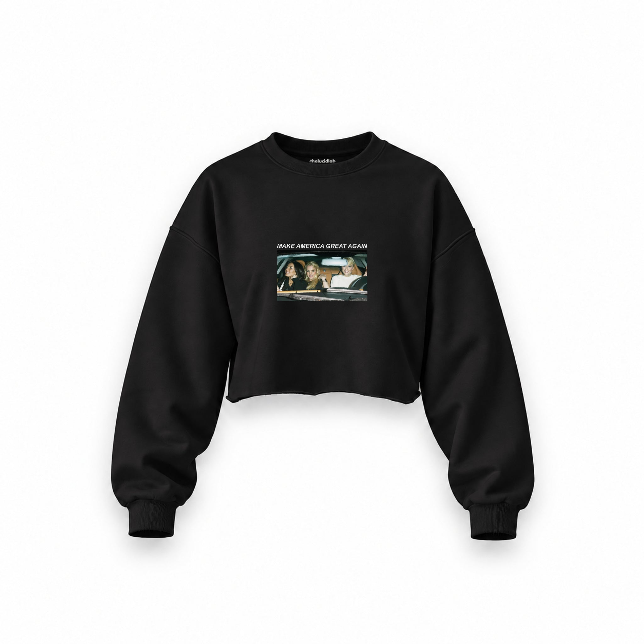 Make America Great Again Oversize Crop Sweatshirt — Siyah — Ön baskı