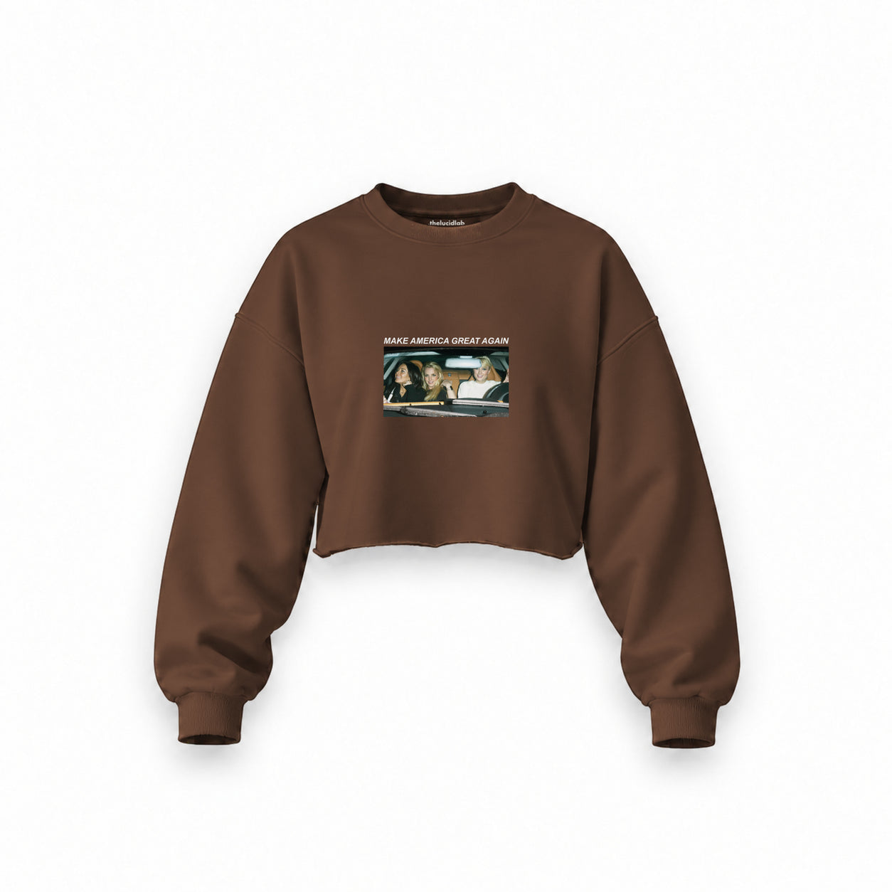 Make America Great Again Oversize Crop Sweatshirt — Kahverengi — Ön baskı