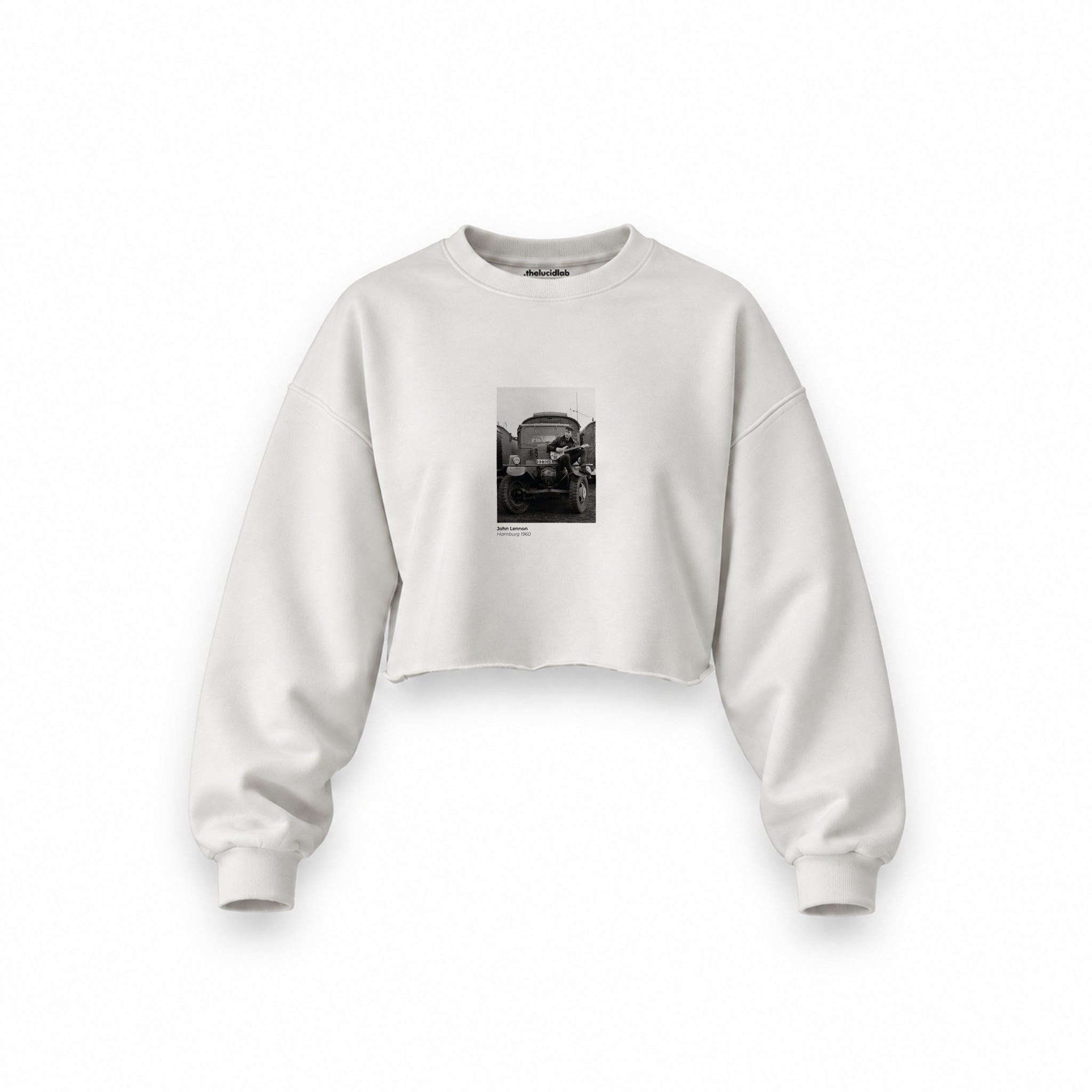 John Lennon Hamburg 1960 Oversize Crop Sweatshirt — Beyaz — Ön baskı