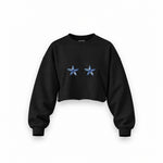 Two Stars Up Oversize Crop Sweatshirt — Siyah — Ön baskı