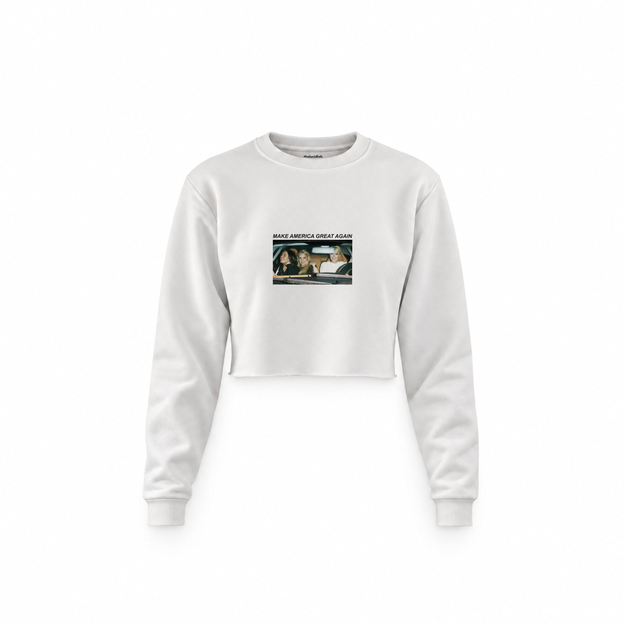 Make America Great Again Crop Sweatshirt — Beyaz — Ön baskı
