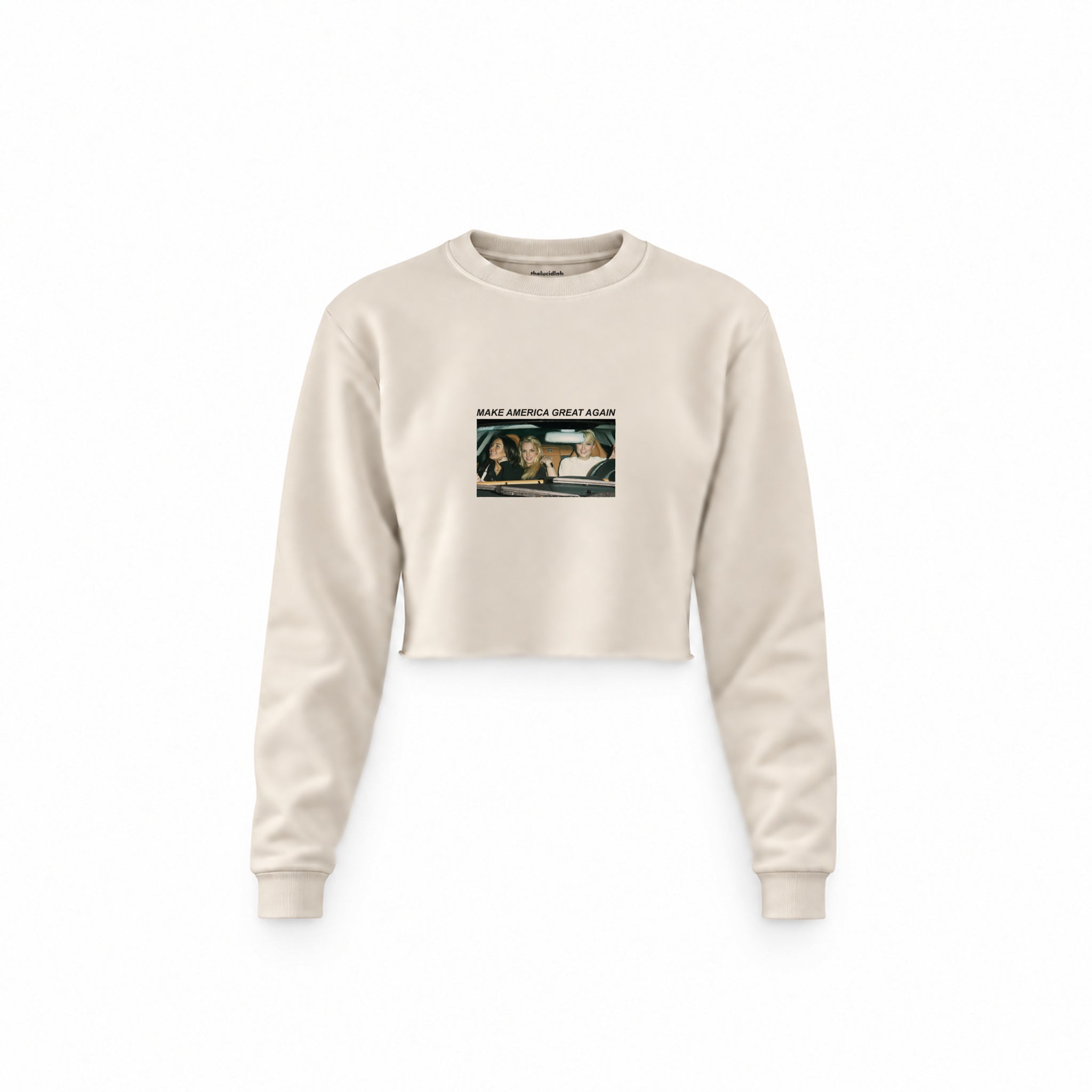 Make America Great Again Crop Sweatshirt — Krem — Ön baskı