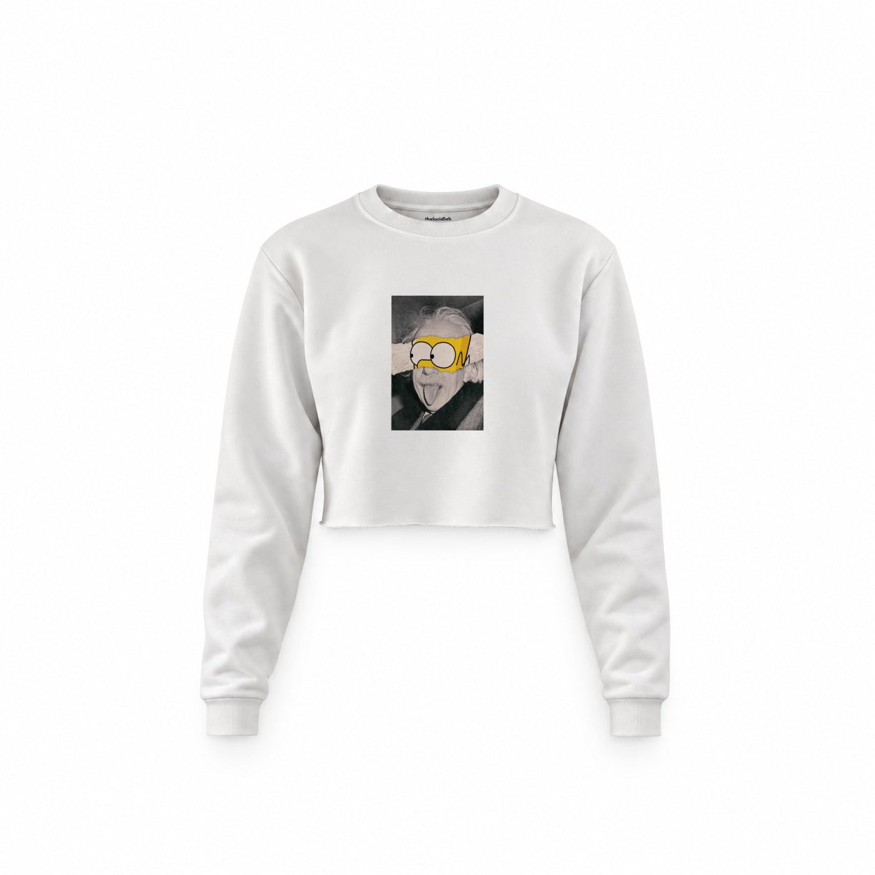 Albert Einstein / Homer Simpson Crop Sweatshirt — Beyaz — Ön baskı