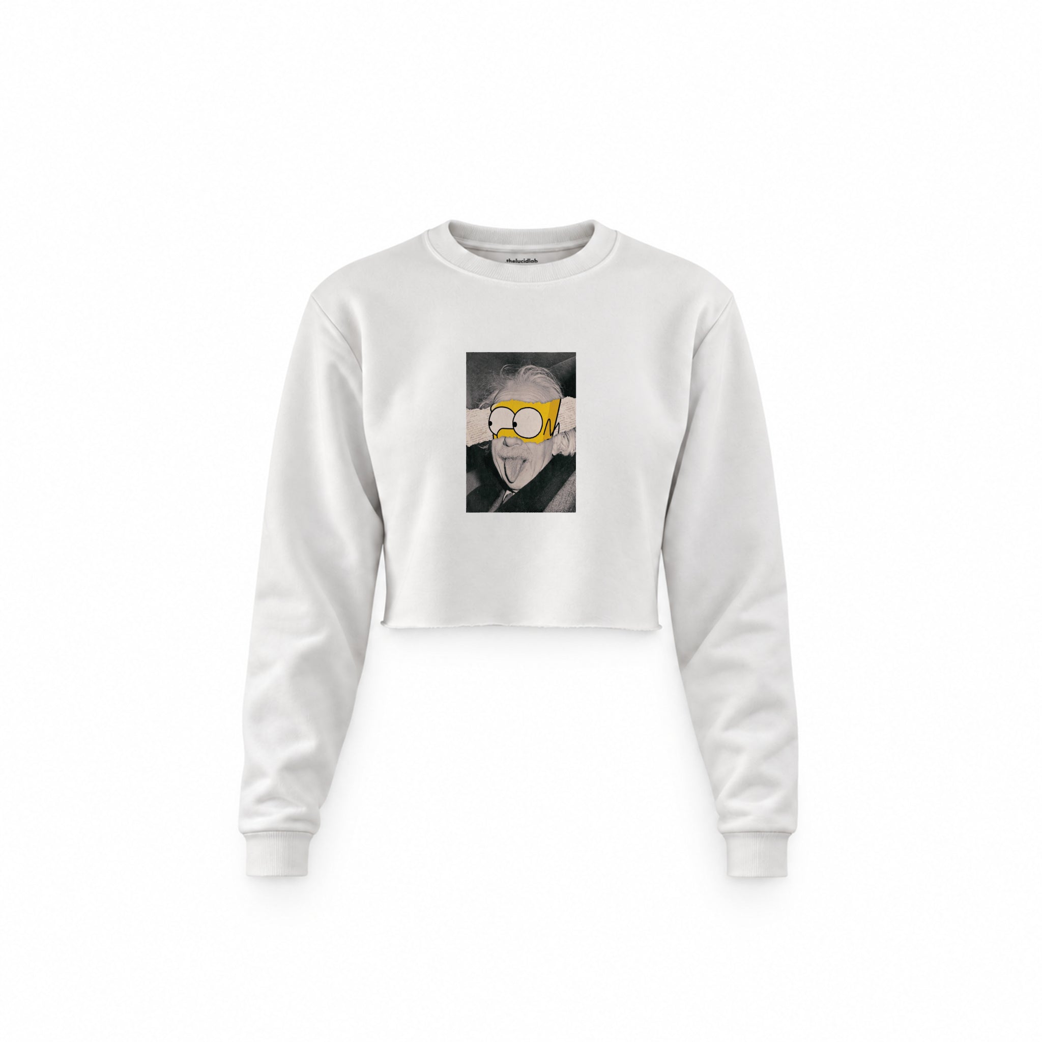 Albert Einstein / Homer Simpson Crop Sweatshirt — Beyaz — Ön baskı