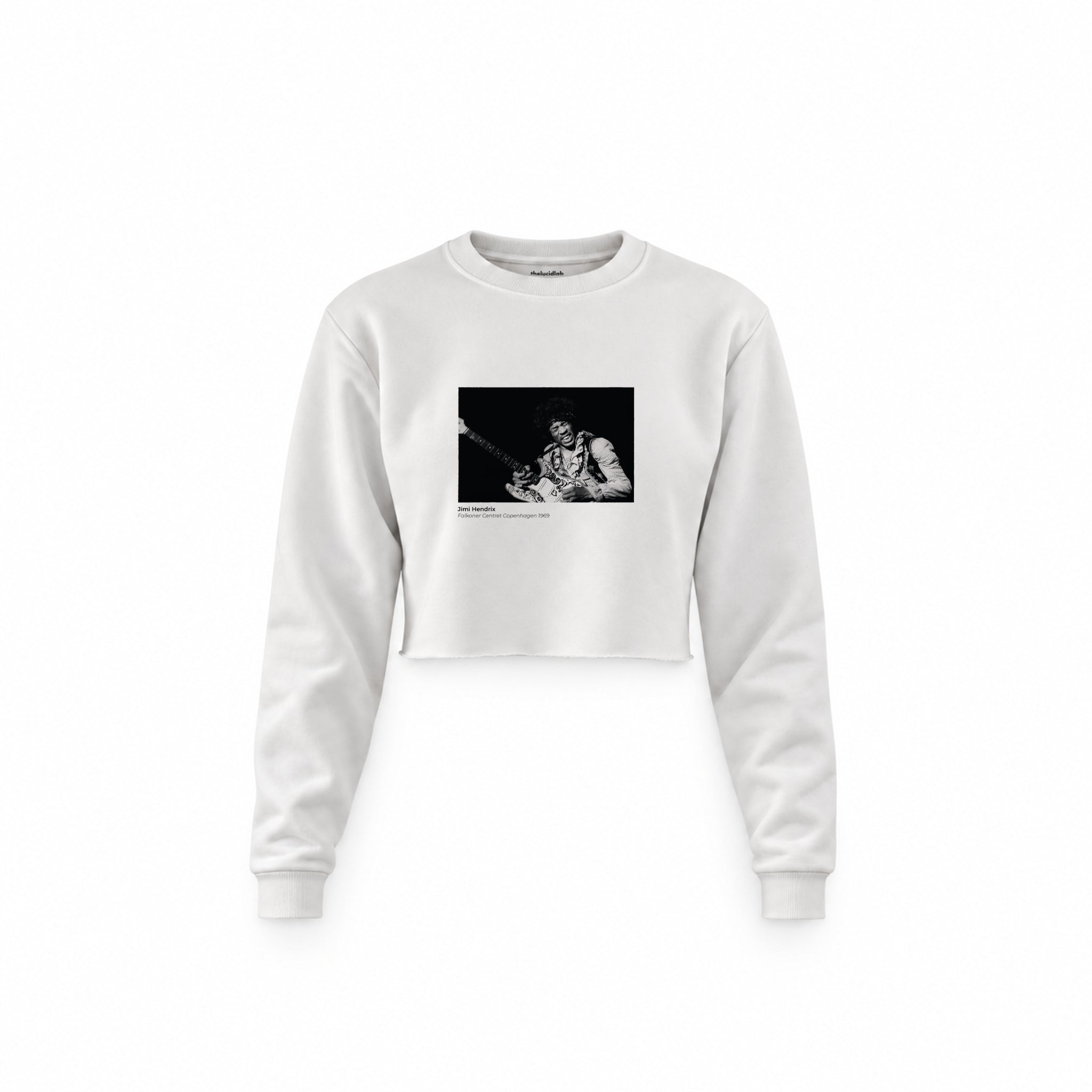 Jimi Hendrix Falkoner Centret Copenhagen 1969 Crop Sweatshirt — Beyaz — Ön baskı