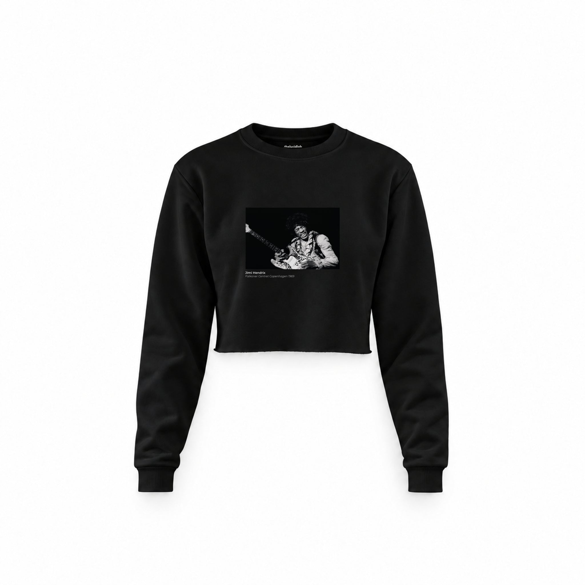 Jimi Hendrix Falkoner Centret Copenhagen 1969 Crop Sweatshirt — Siyah — Ön baskı