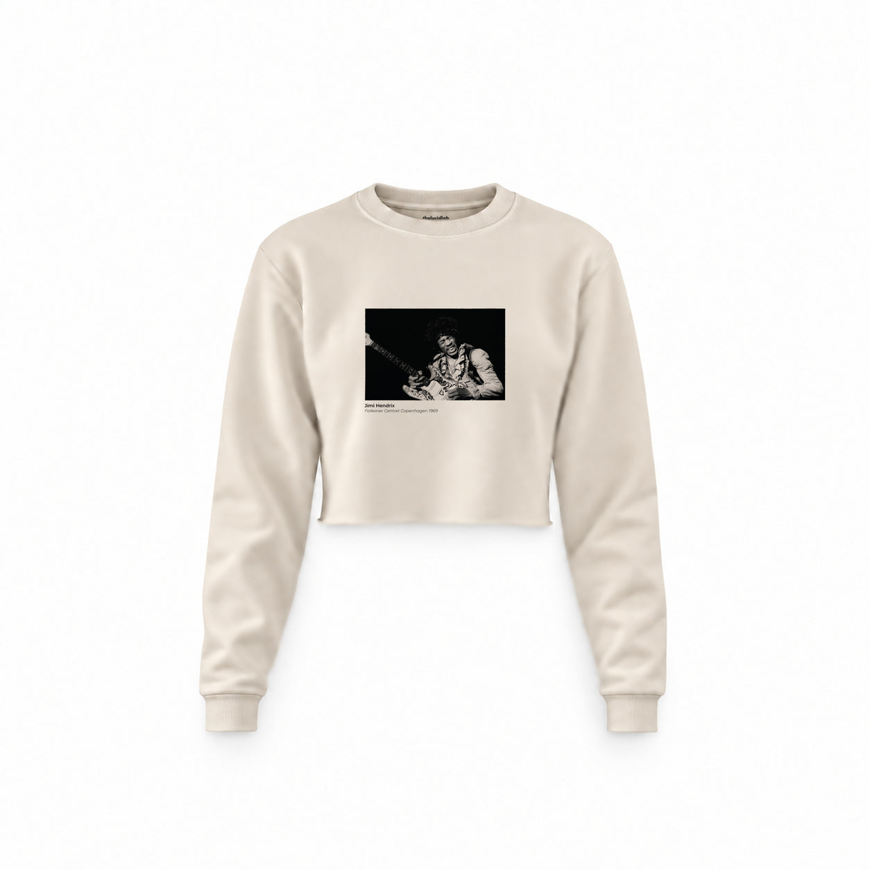 Jimi Hendrix Falkoner Centret Copenhagen 1969 Crop Sweatshirt — Krem — Ön baskı