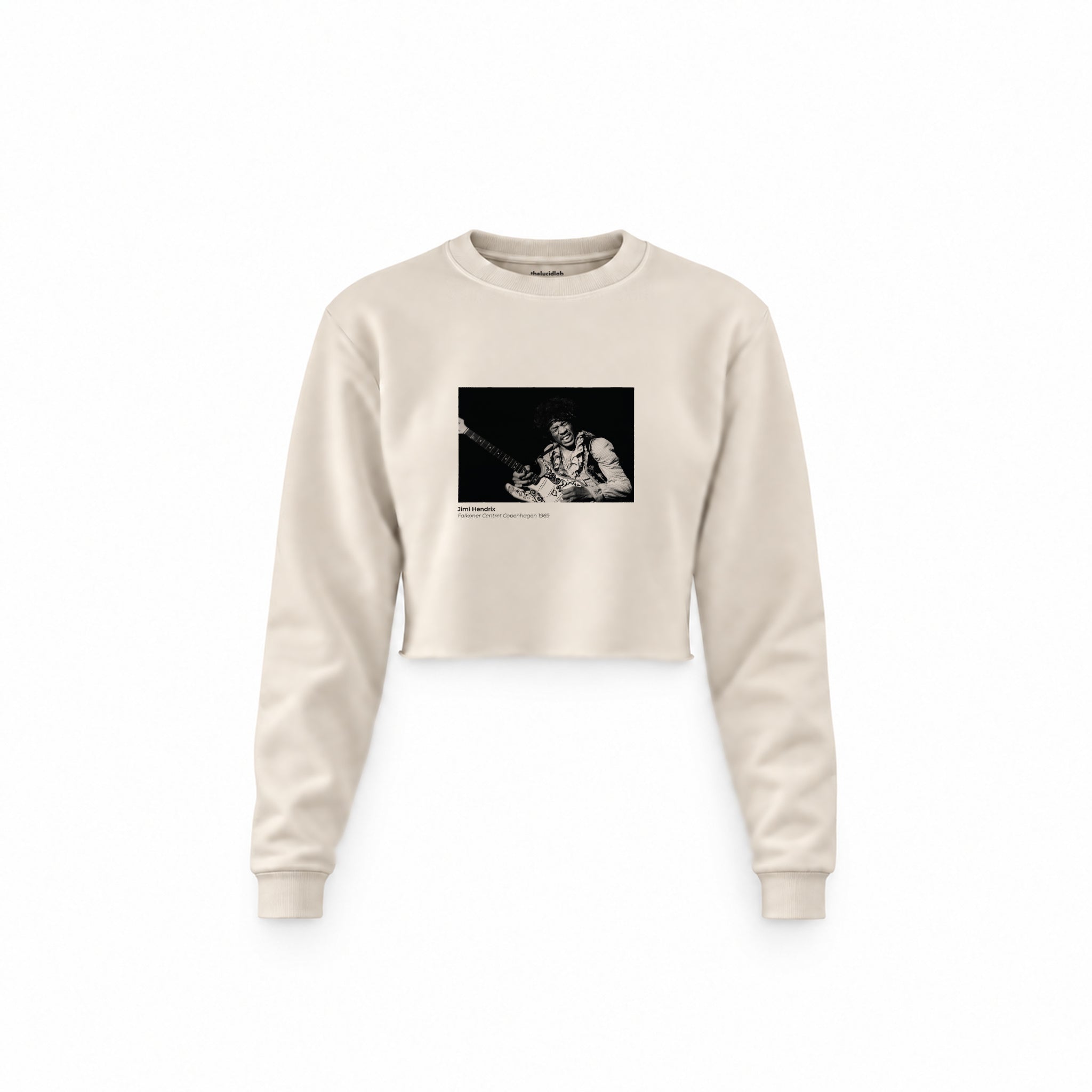 Jimi Hendrix Falkoner Centret Copenhagen 1969 Crop Sweatshirt — Krem — Ön baskı