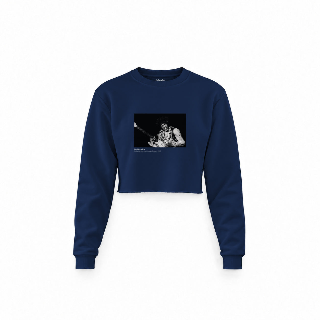 Jimi Hendrix Falkoner Centret Copenhagen 1969 Crop Sweatshirt — Lacivert — Ön baskı