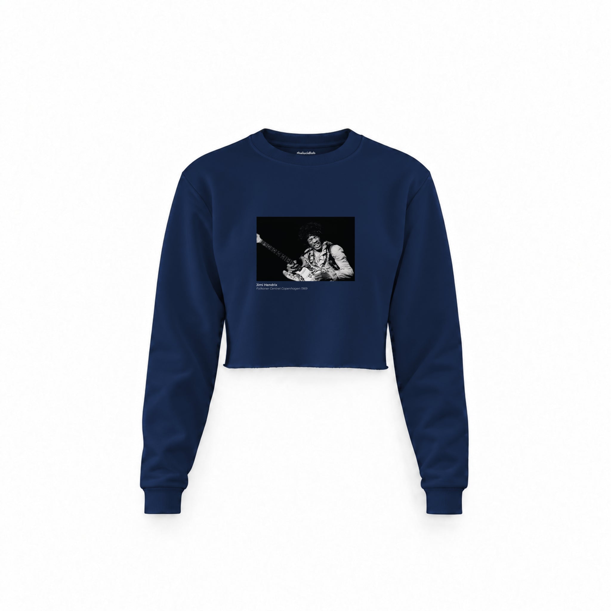 Jimi Hendrix Falkoner Centret Copenhagen 1969 Crop Sweatshirt — Lacivert — Ön baskı