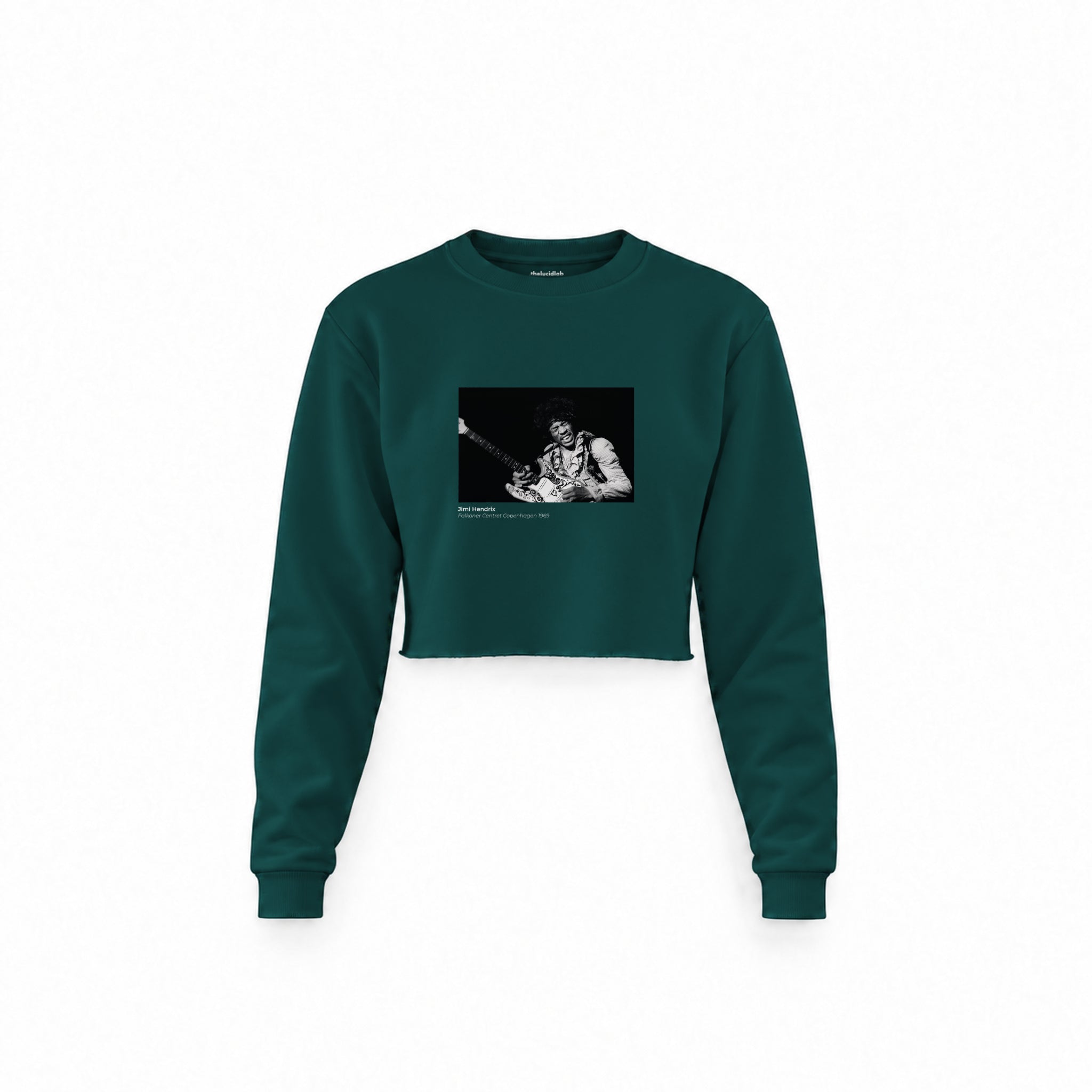 Jimi Hendrix Falkoner Centret Copenhagen 1969 Crop Sweatshirt — Koyu Yeşil — Ön baskı