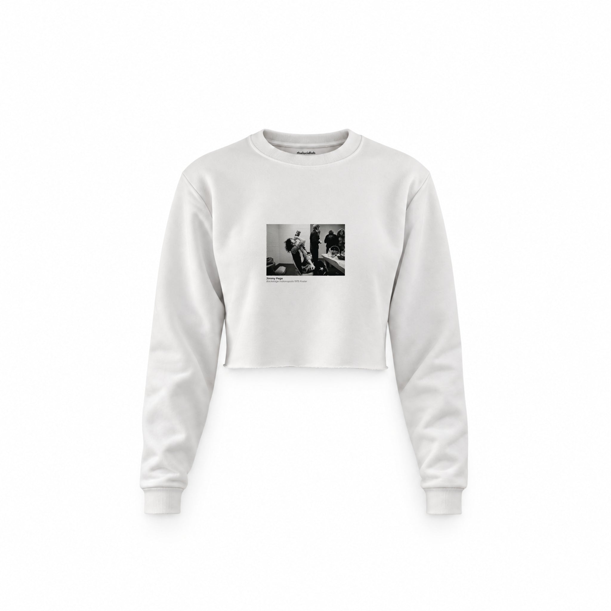 Jimmy Page Backstage Indianapolis 1975 Crop Sweatshirt — Beyaz — Ön baskı