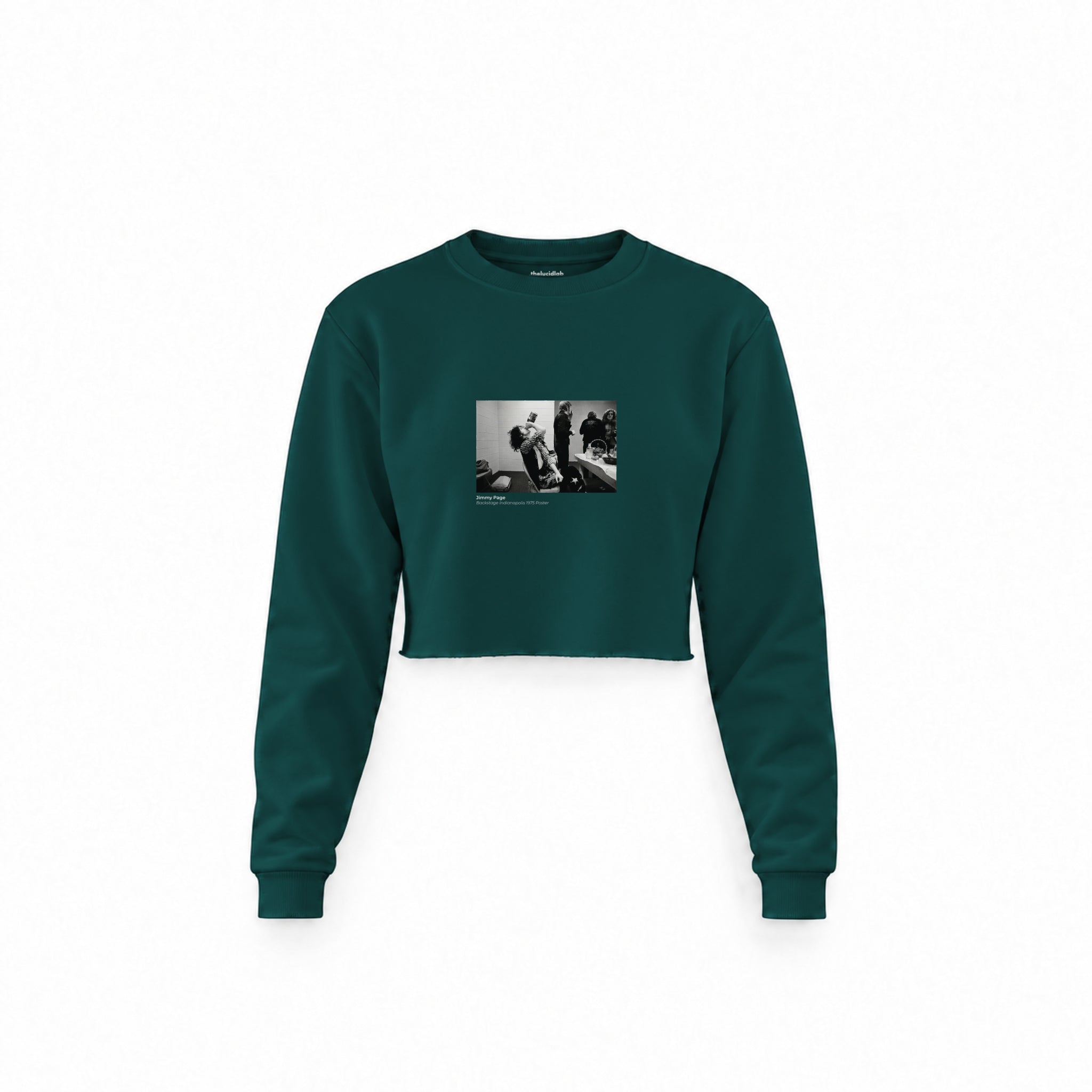 Jimmy Page Backstage Indianapolis 1975 Crop Sweatshirt — Koyu Yeşil — Ön baskı
