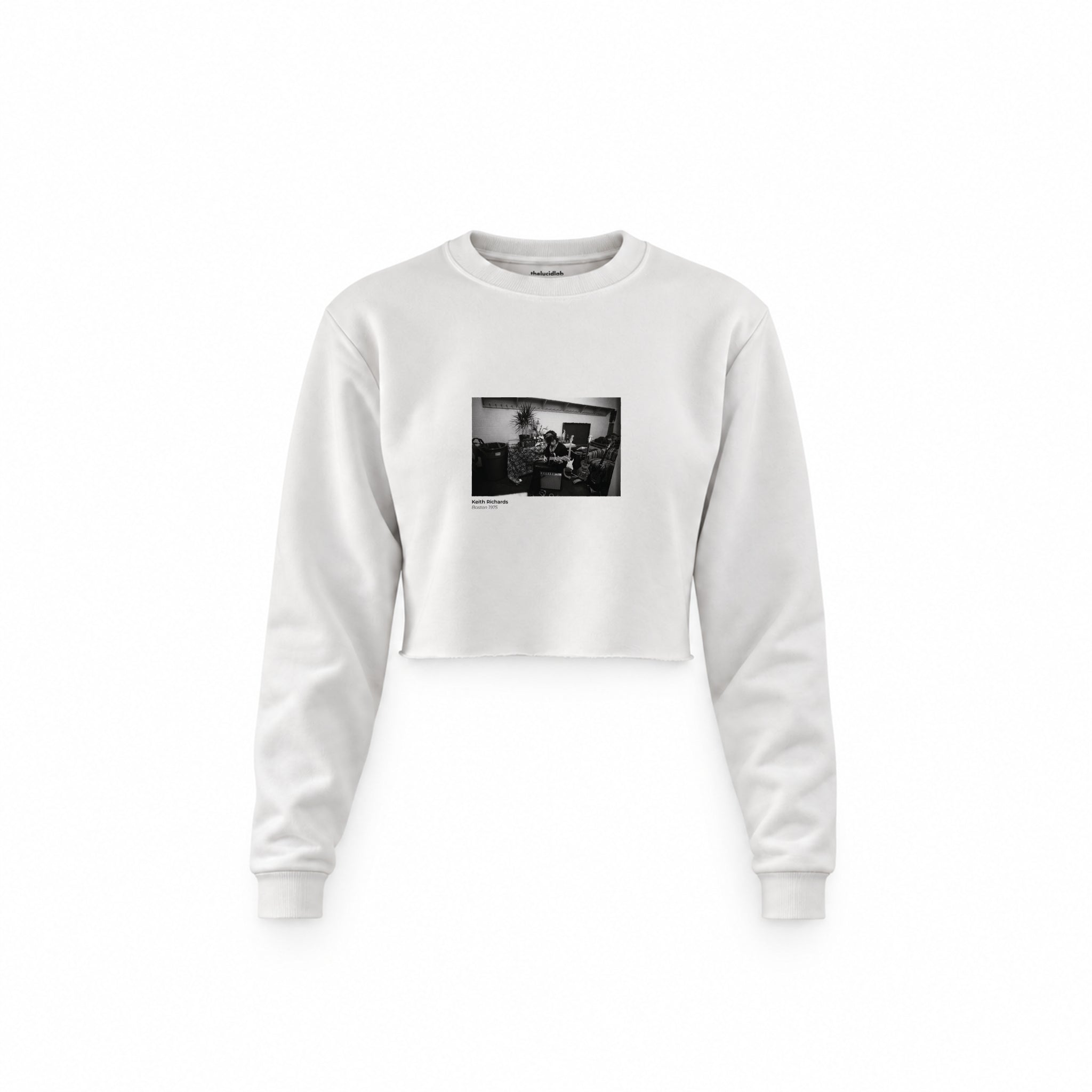 Keith Richards Boston 1975 Crop Sweatshirt — Beyaz — Ön baskı