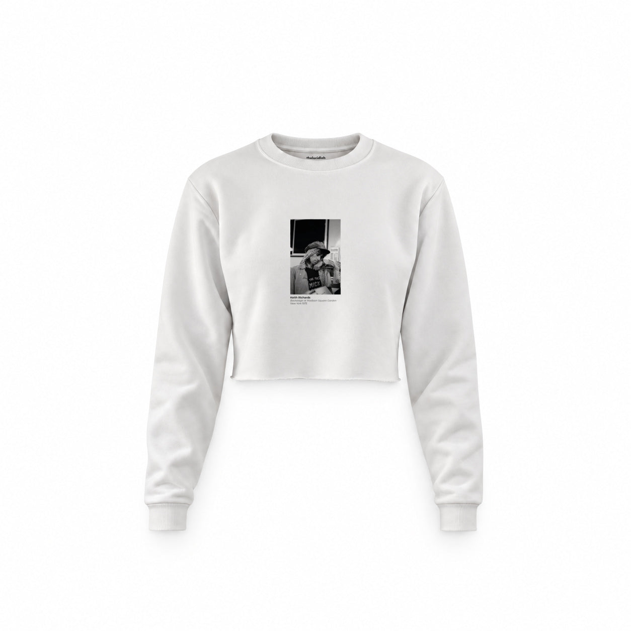 Keith Richards backstage at Madison Square Garden New York 1975 Crop Sweatshirt — Beyaz — Ön baskı
